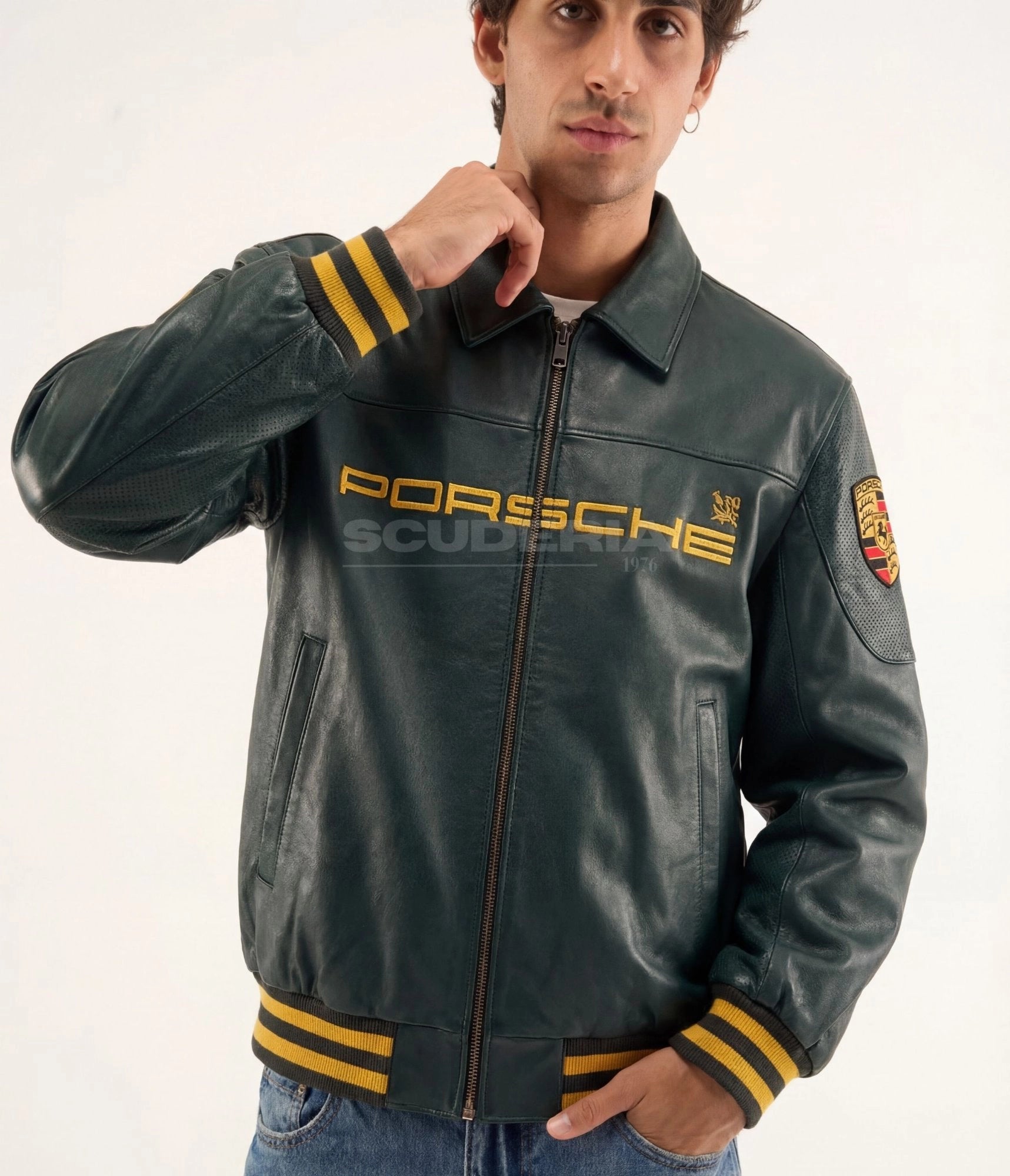 Aimé Leon Dore x Porsche 993 Turbo Leather Club Jacket green front detail men – vintage racing leather bomber with gold embroidered Porsche logo, striped ribbed cuffs and hem, Porsche crest patch on sleeve