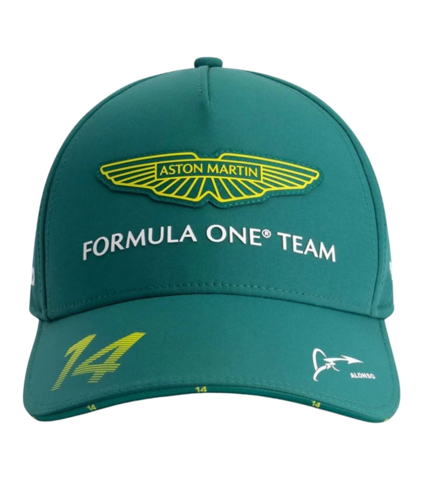 Front of the green Aston Martin F1 Alonso 2025 cap with wings crest and number 14