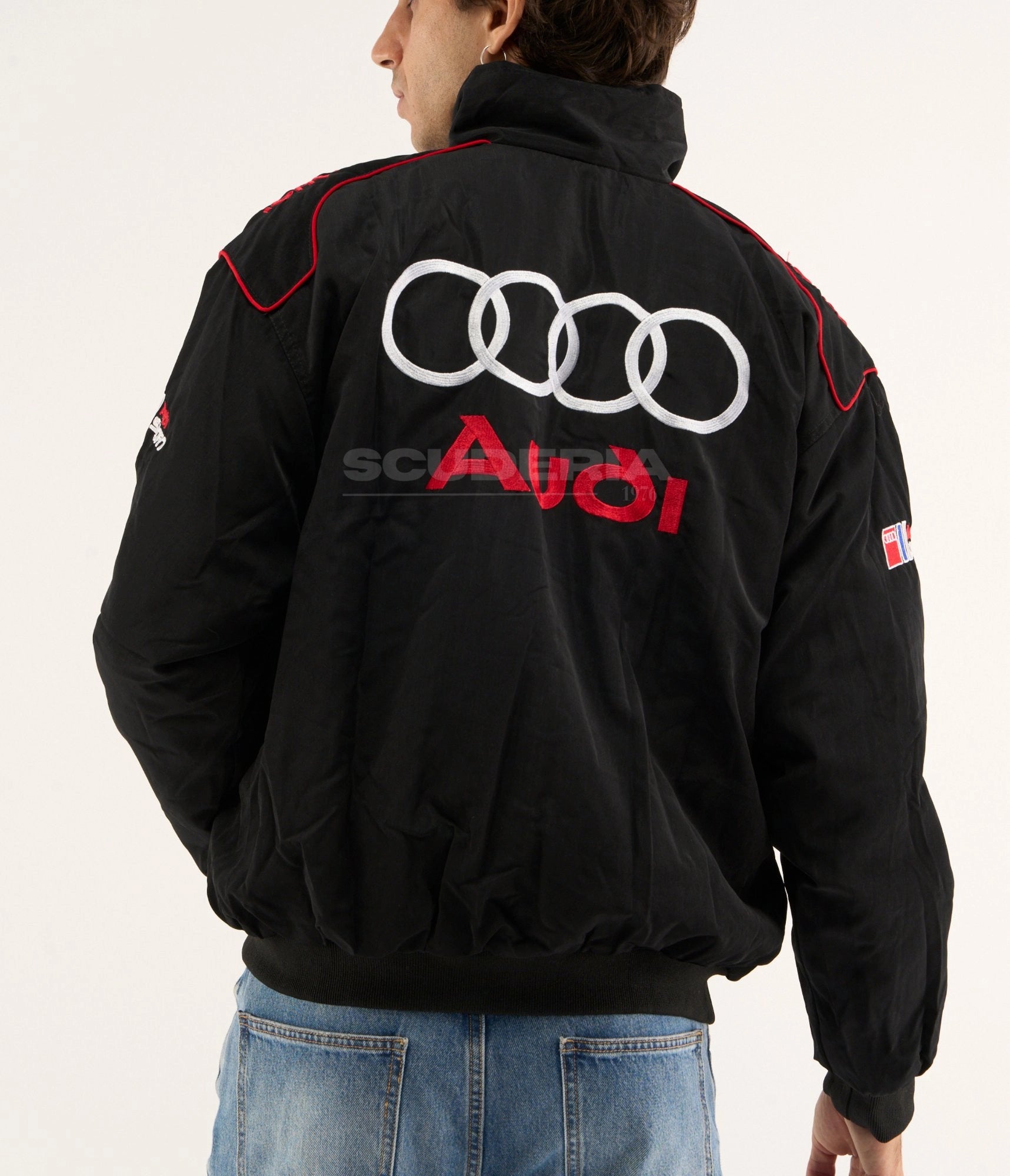 Audi Sport black grey embroidered padded bomber jacket – men back view angled – Scuderia1976