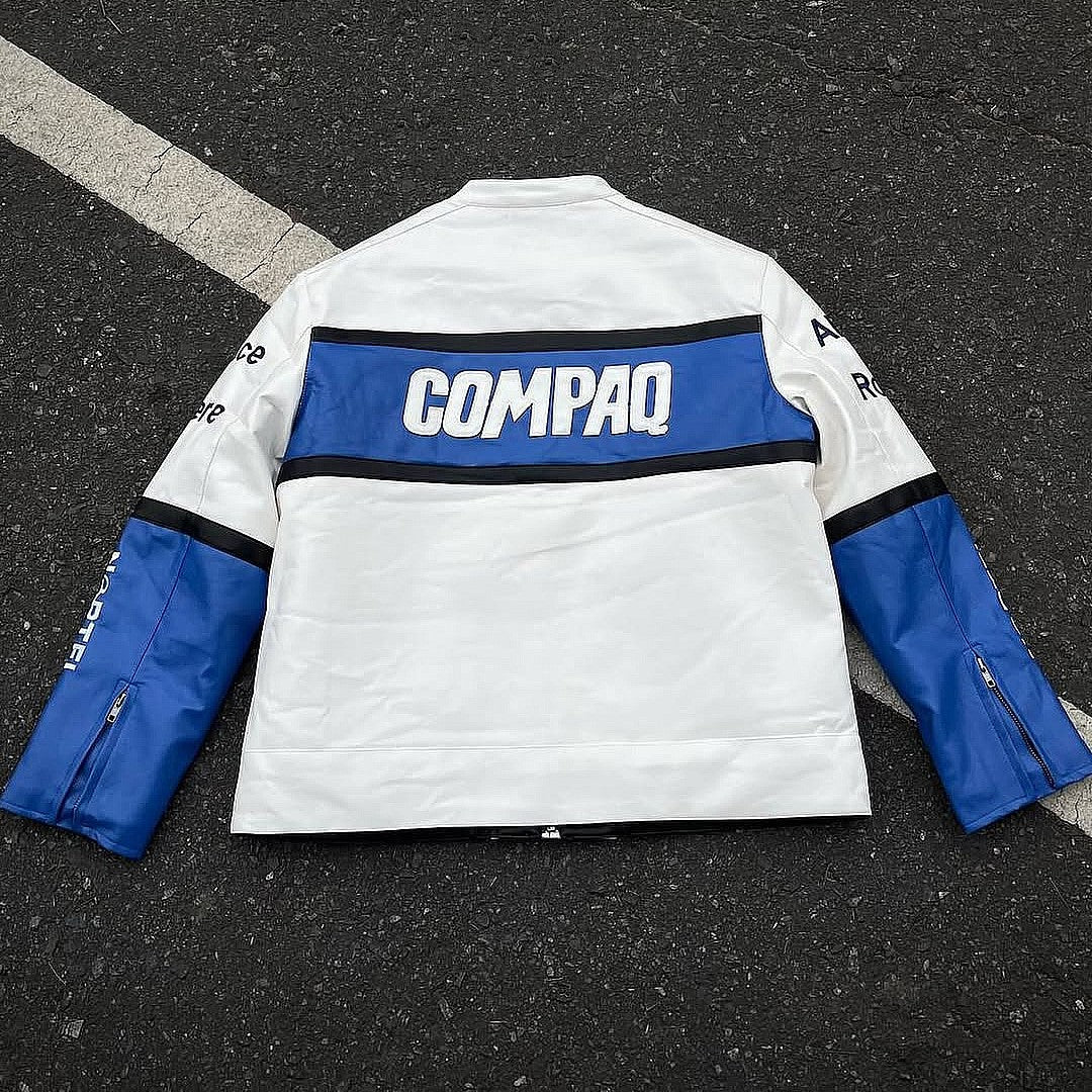 BMW Vintage Leather Jacket white blue back detail men – vintage moto leather jacket showing Compaq chest panel, BMW roundel patch, Castrol, Veltins, Nortel Networks and Allianz patches close-up, BMW script hem