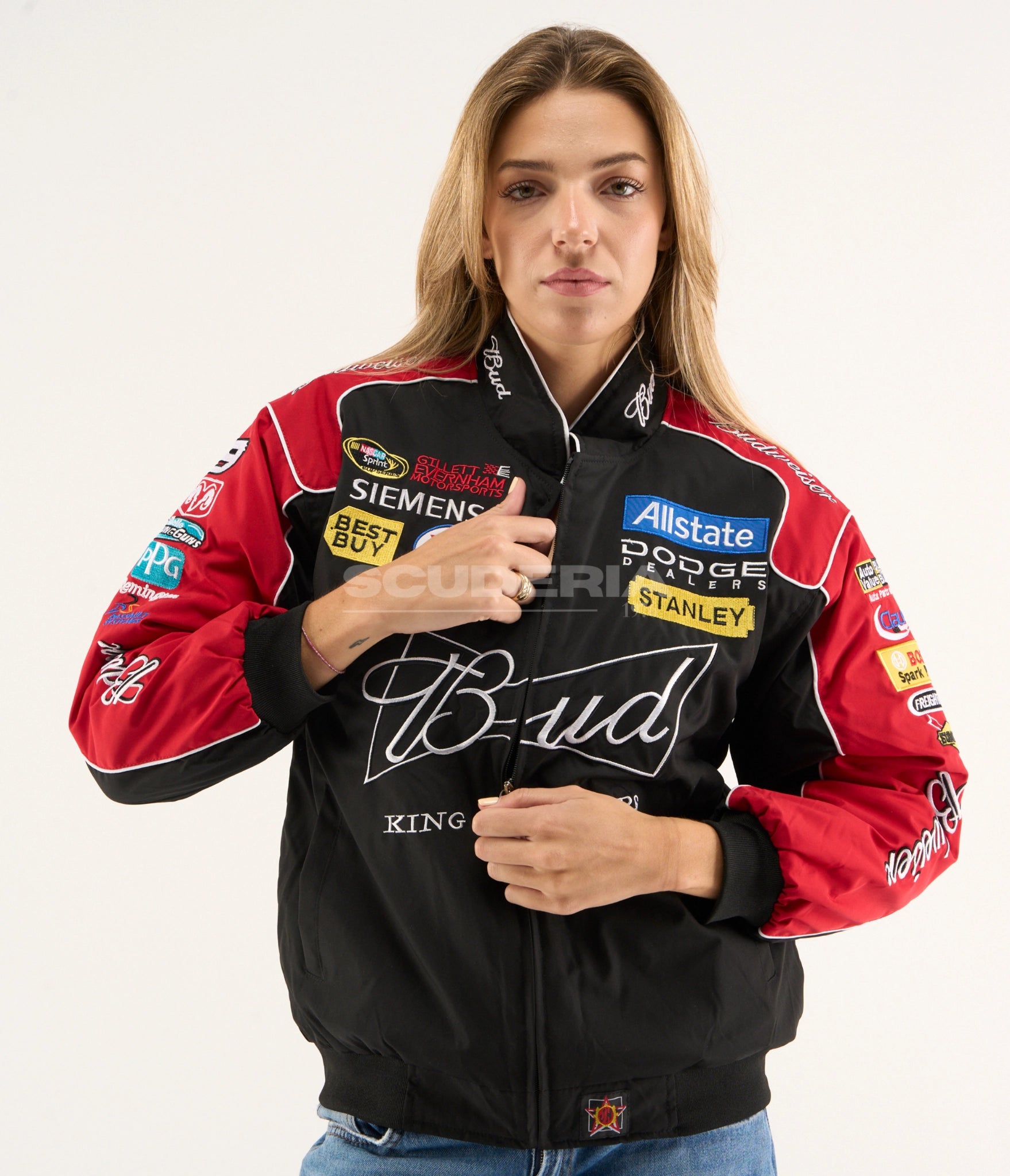 Budweiser Racing Vintage Jacket Black Edition womens front fit black vintage racing jacket