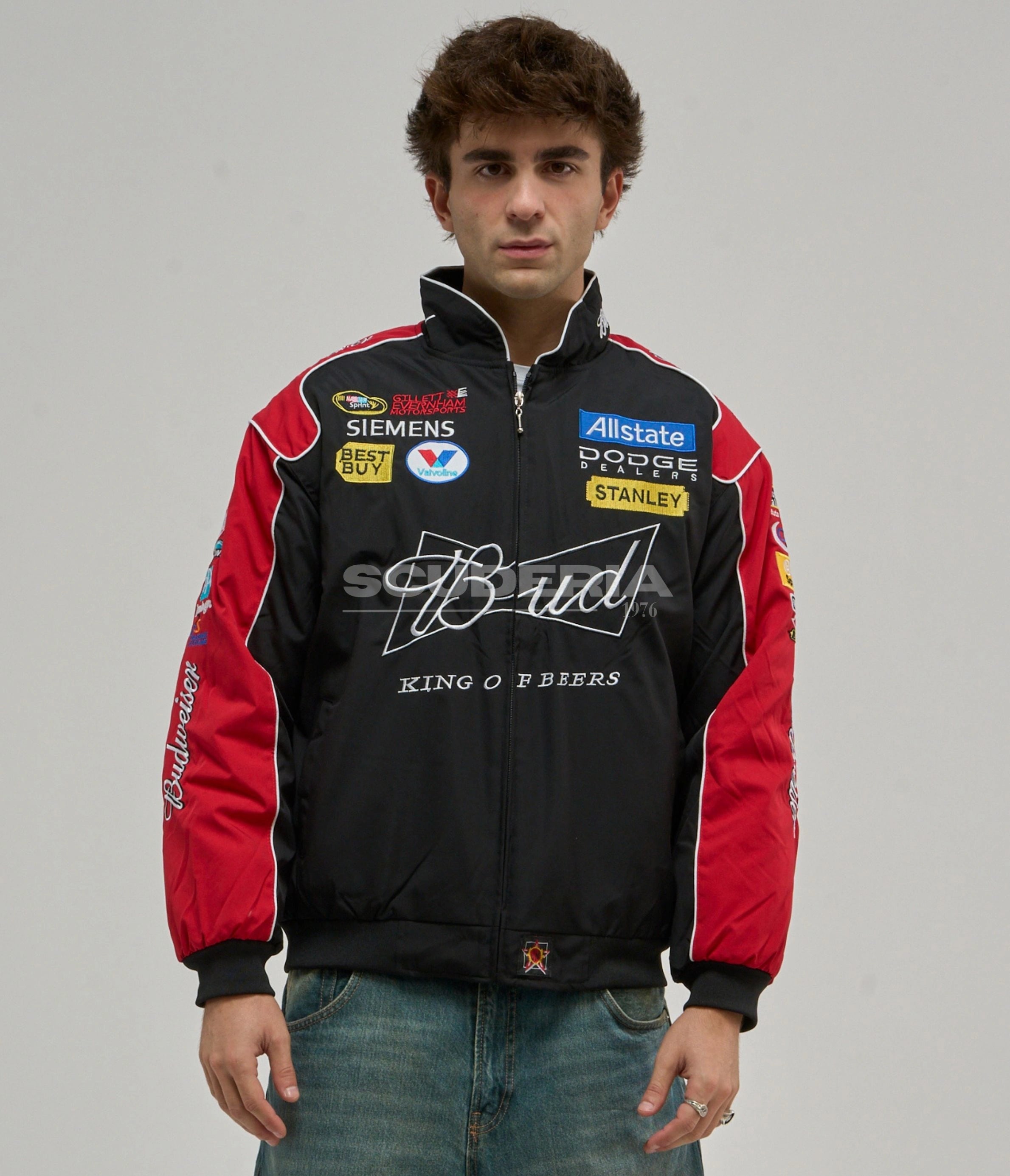 Budweiser Racing Vintage Jacket Black Edition front view with embroidered sponsor logos motorsport jacket