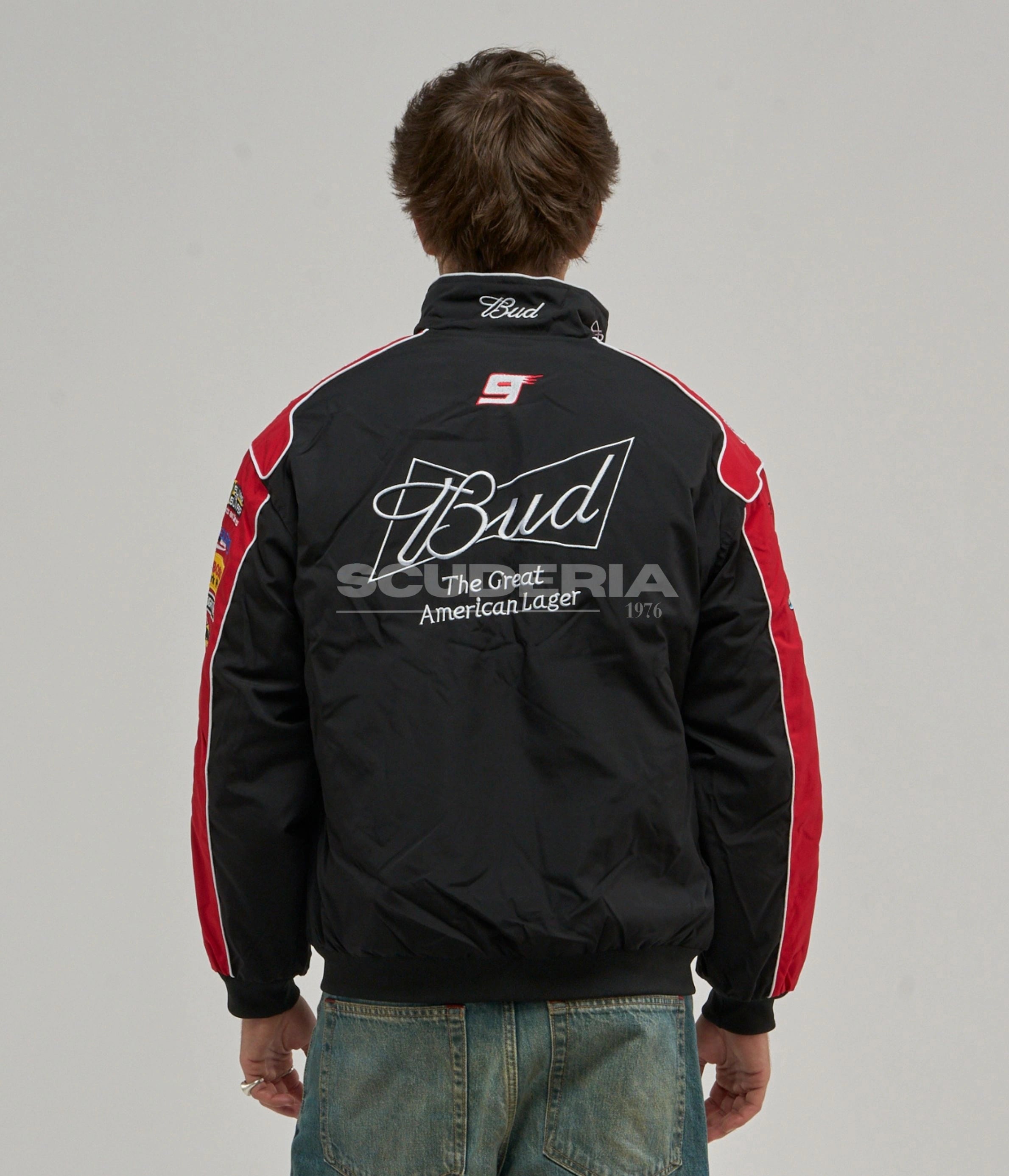 Budweiser black red embroidered padded bomber jacket – men back view – Scuderia1976