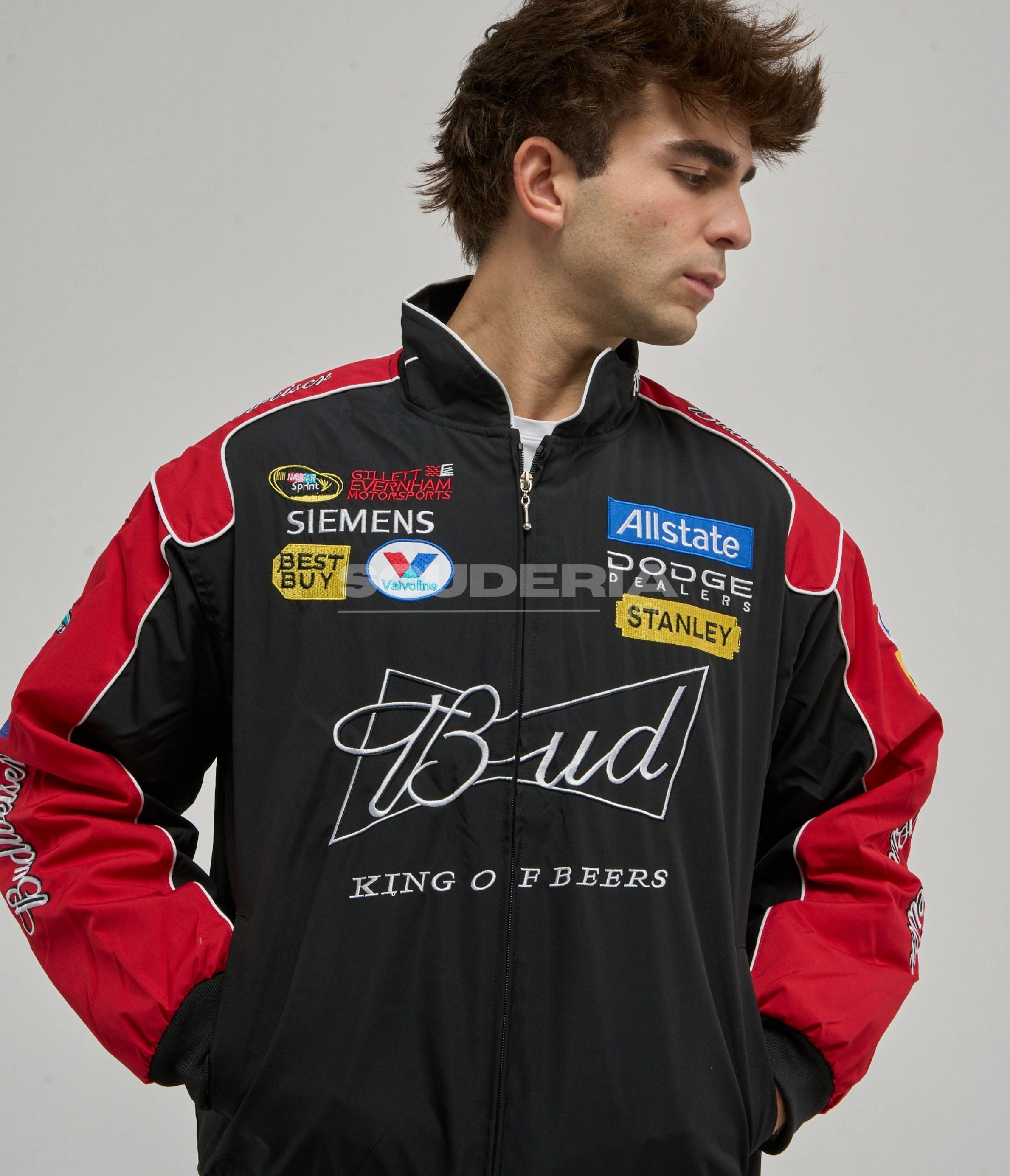 Budweiser black red embroidered padded bomber jacket – men front view – Scuderia1976