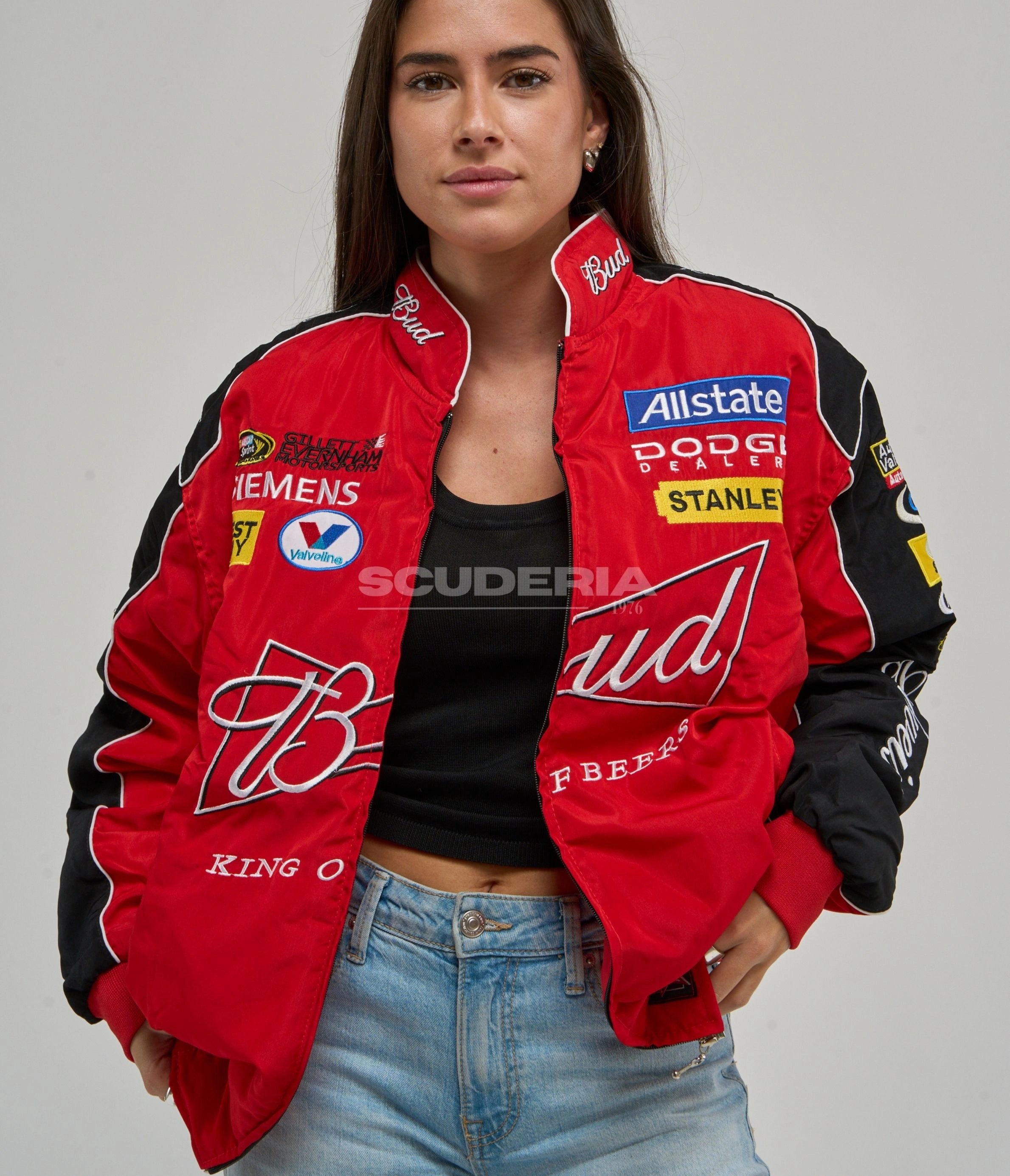 Budweiser Racing Vintage Jacket Red Edition womens front fit red vintage racing jacket