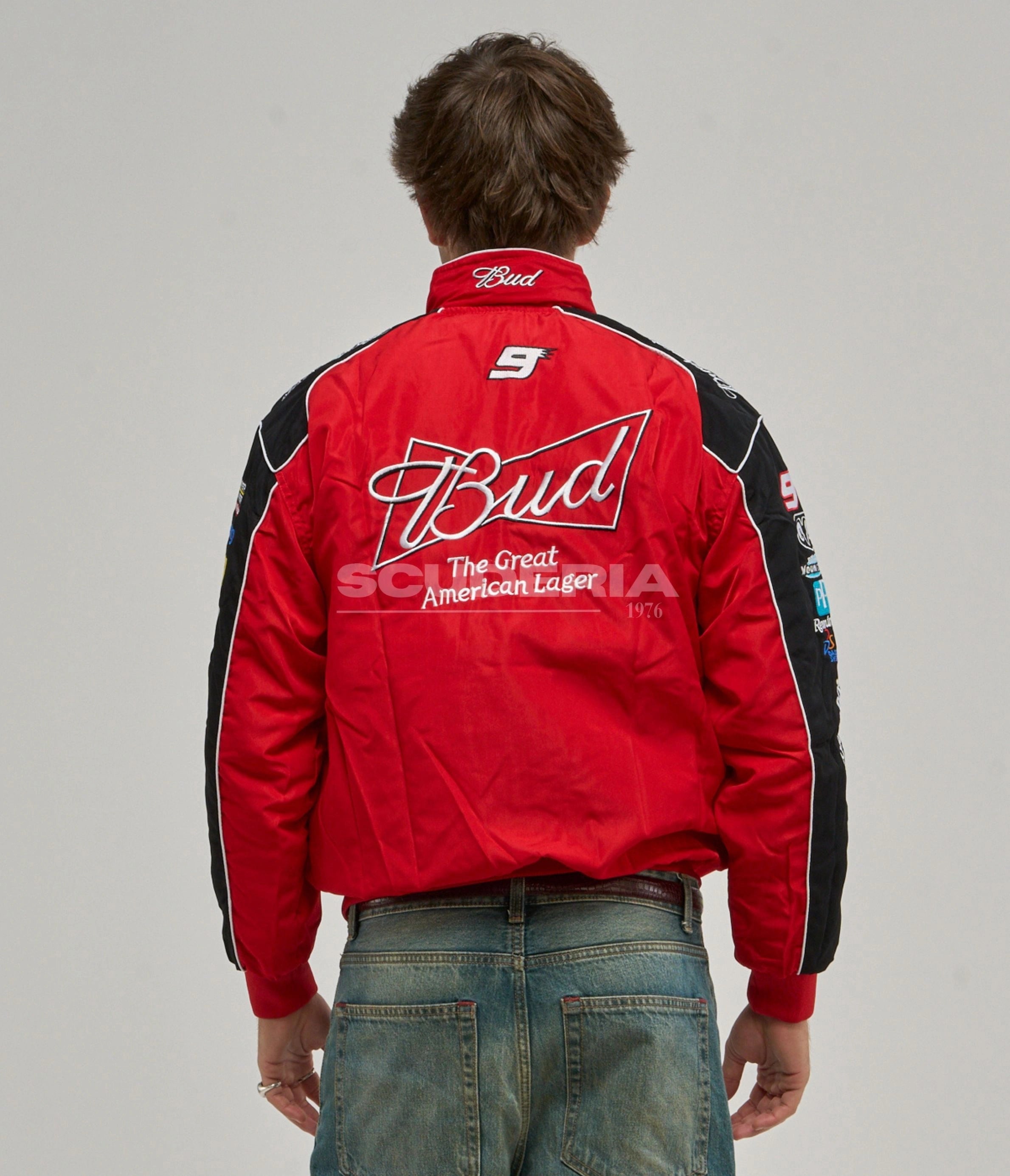 Budweiser Racing Vintage Jacket Red Edition back view with embroidered Budweiser logo motorsport jacket