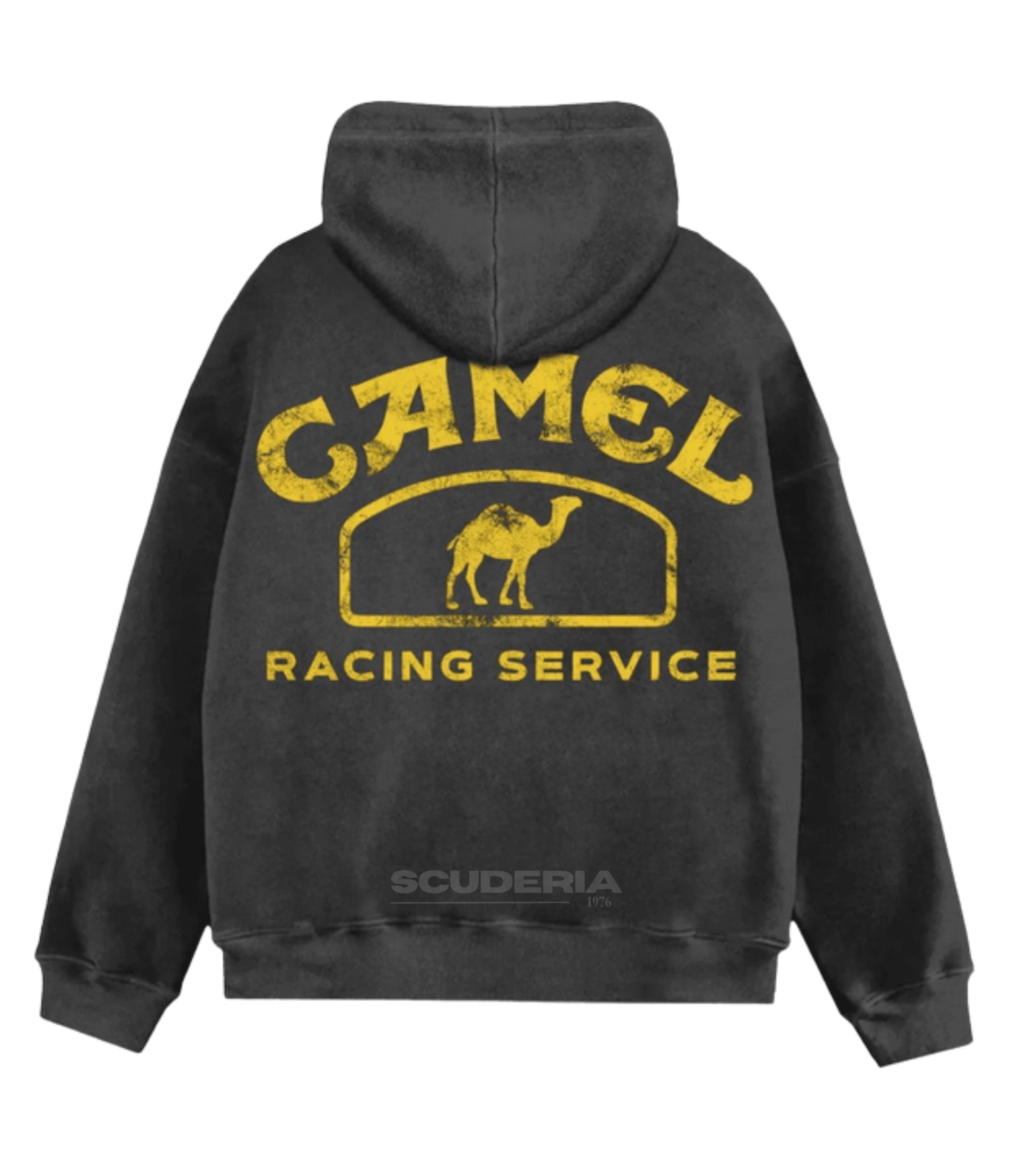 Camel Racing Service Hoodie black washed back view men – distressed vintage racing sweatshirt with large Camel Racing Service graphic, camel logo arch print in gold, retro F1 sponsor hoodie oversized