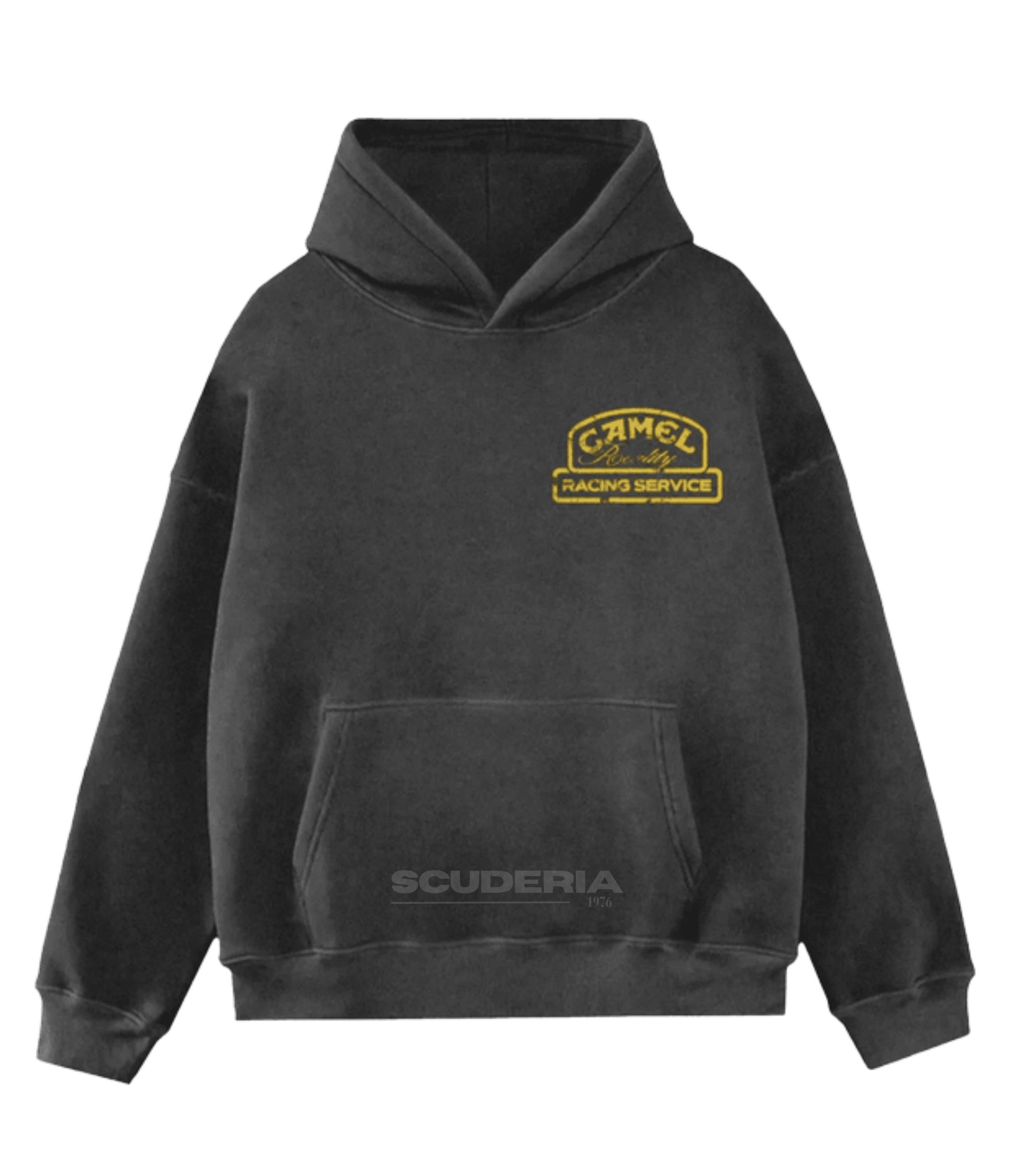 Camel Racing Service Hoodie black washed front view men – vintage oversized sweatshirt with embroidered Camel Racing Service chest badge in gold, retro motorsport streetwear hoodie washed charcoal
