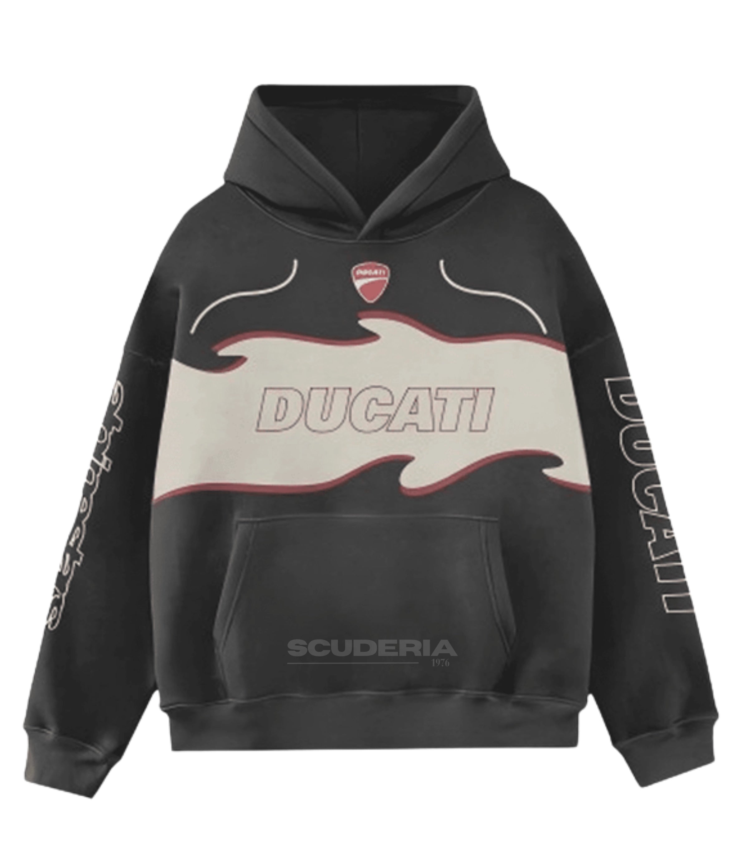 Ducati x Alpinestars Racing Hoodie black washed front view men – vintage oversized motorsport sweatshirt with Ducati shield logo, cream flame graphic panel across chest, Ducati lettering on sleeves, moto racing streetwear