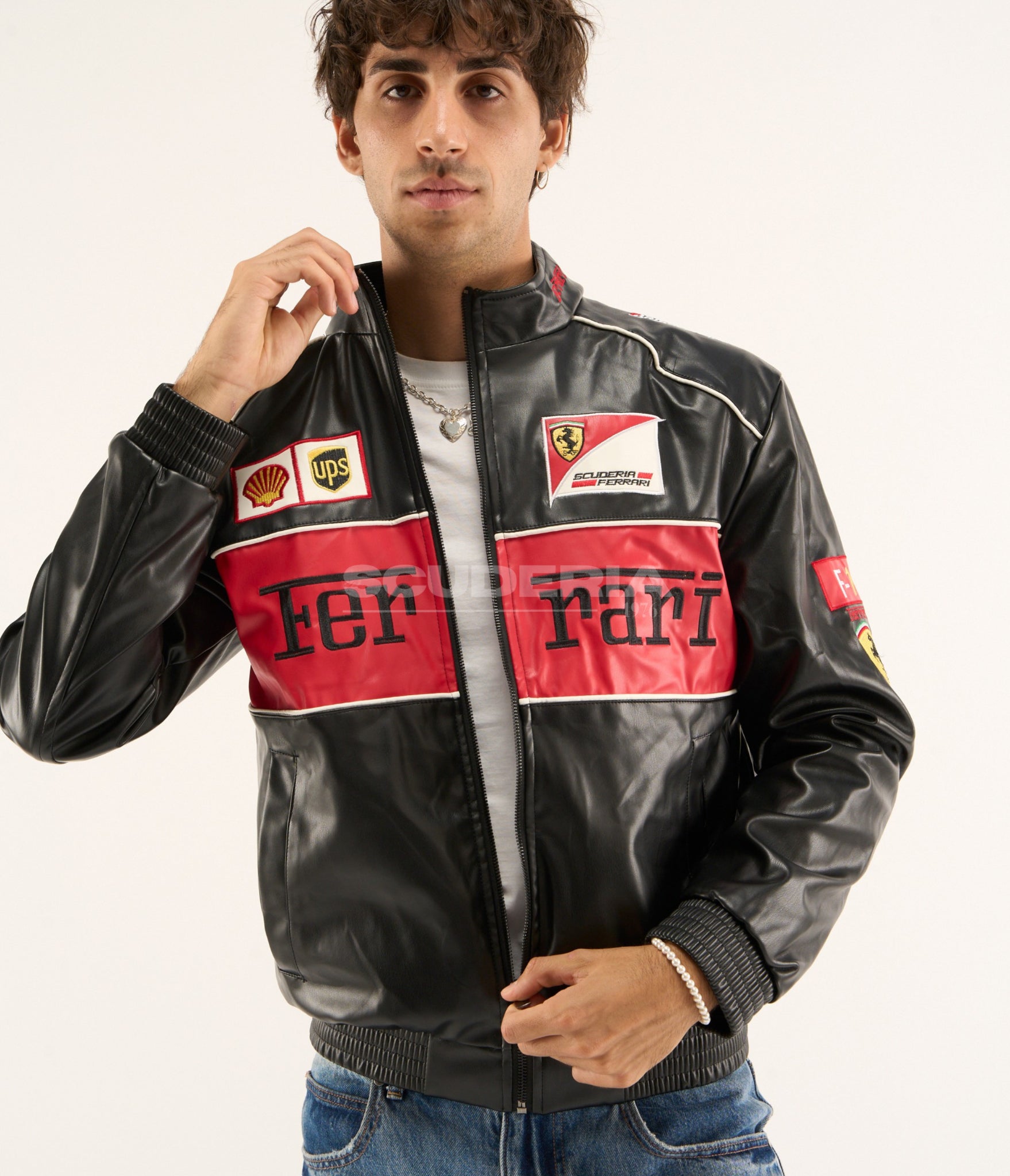 ferrari f1 vintage leather jacket red edition mens front view embroidered sponsor patches racing jacket