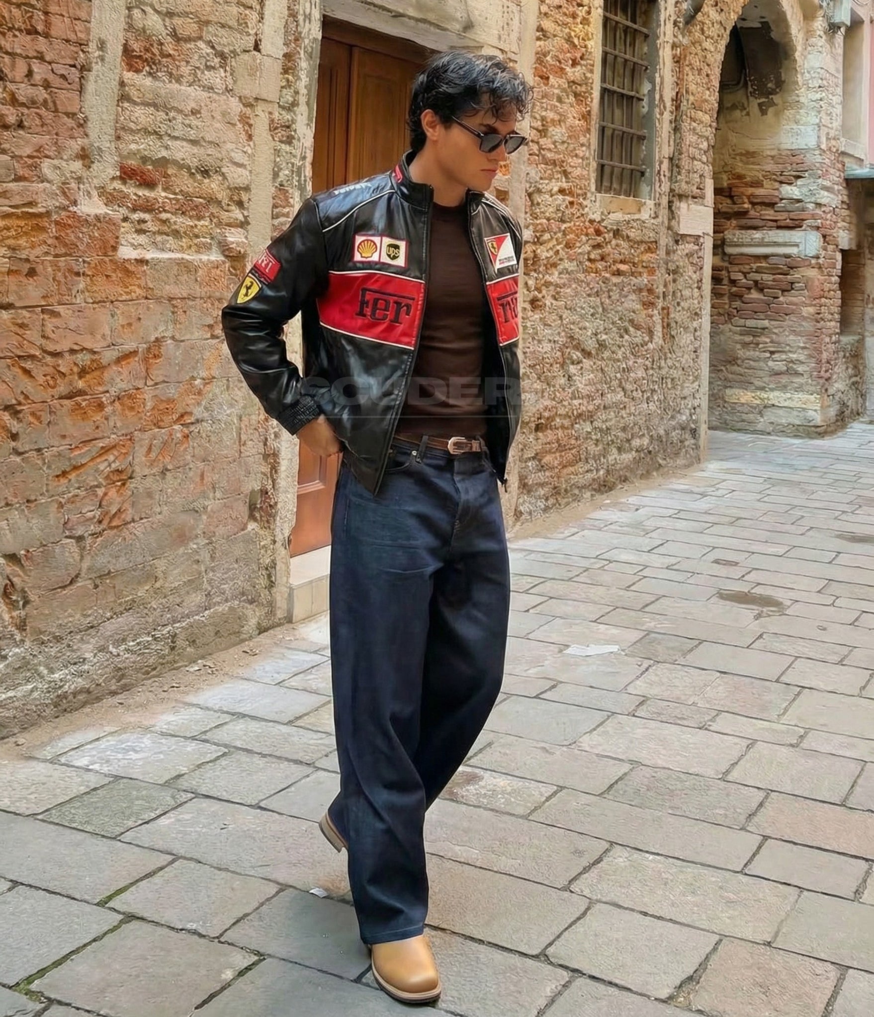 ferrari f1 vintage leather jacket red edition mens streetwear outfit racing jacket