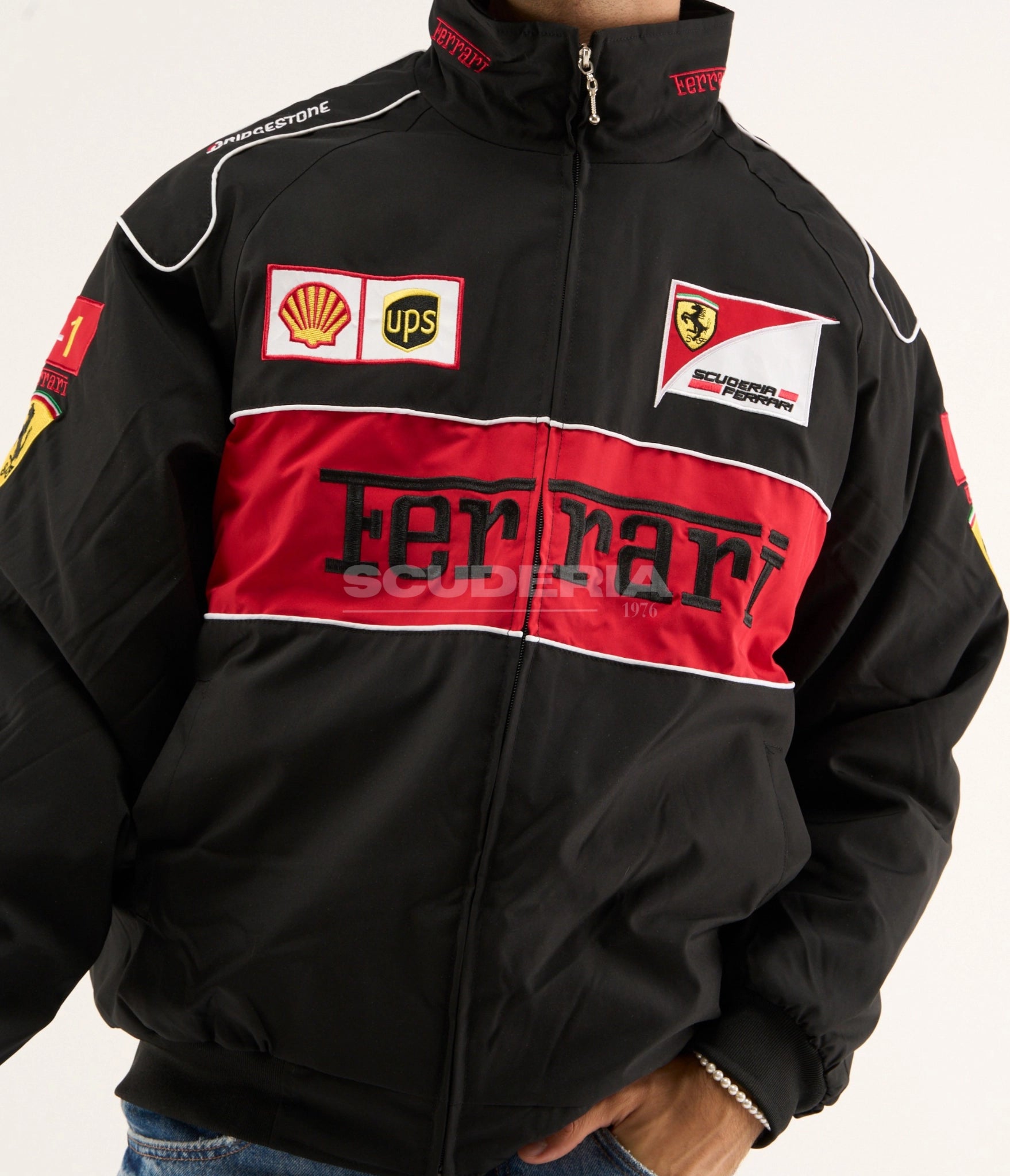 Ferrari F1 Vintage Racing Jacket Black Edition embroidered Ferrari logo detail vintage racing jacket