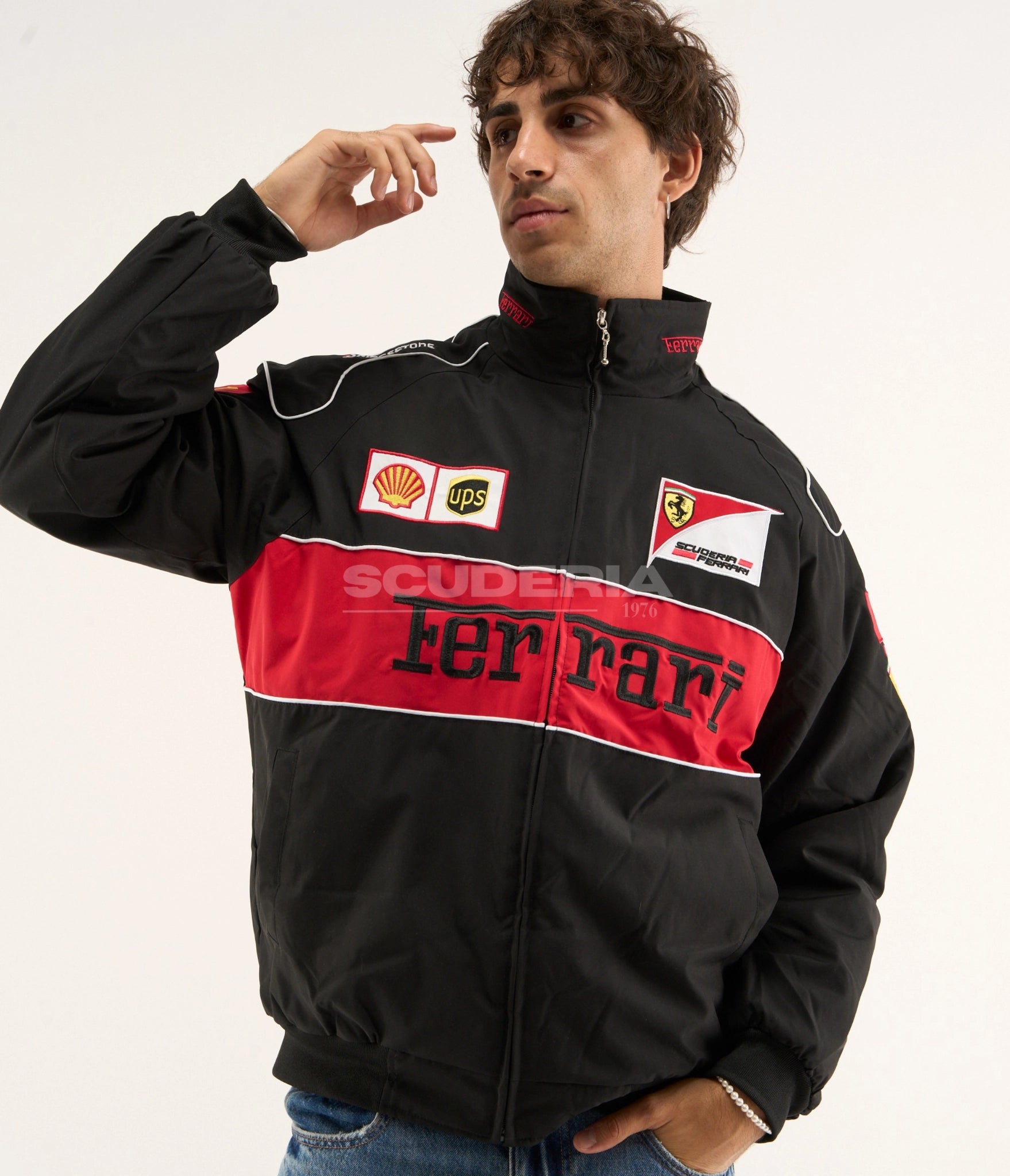 Ferrari F1 Vintage Racing Jacket Black Edition mens front view black motorsport racing jacket