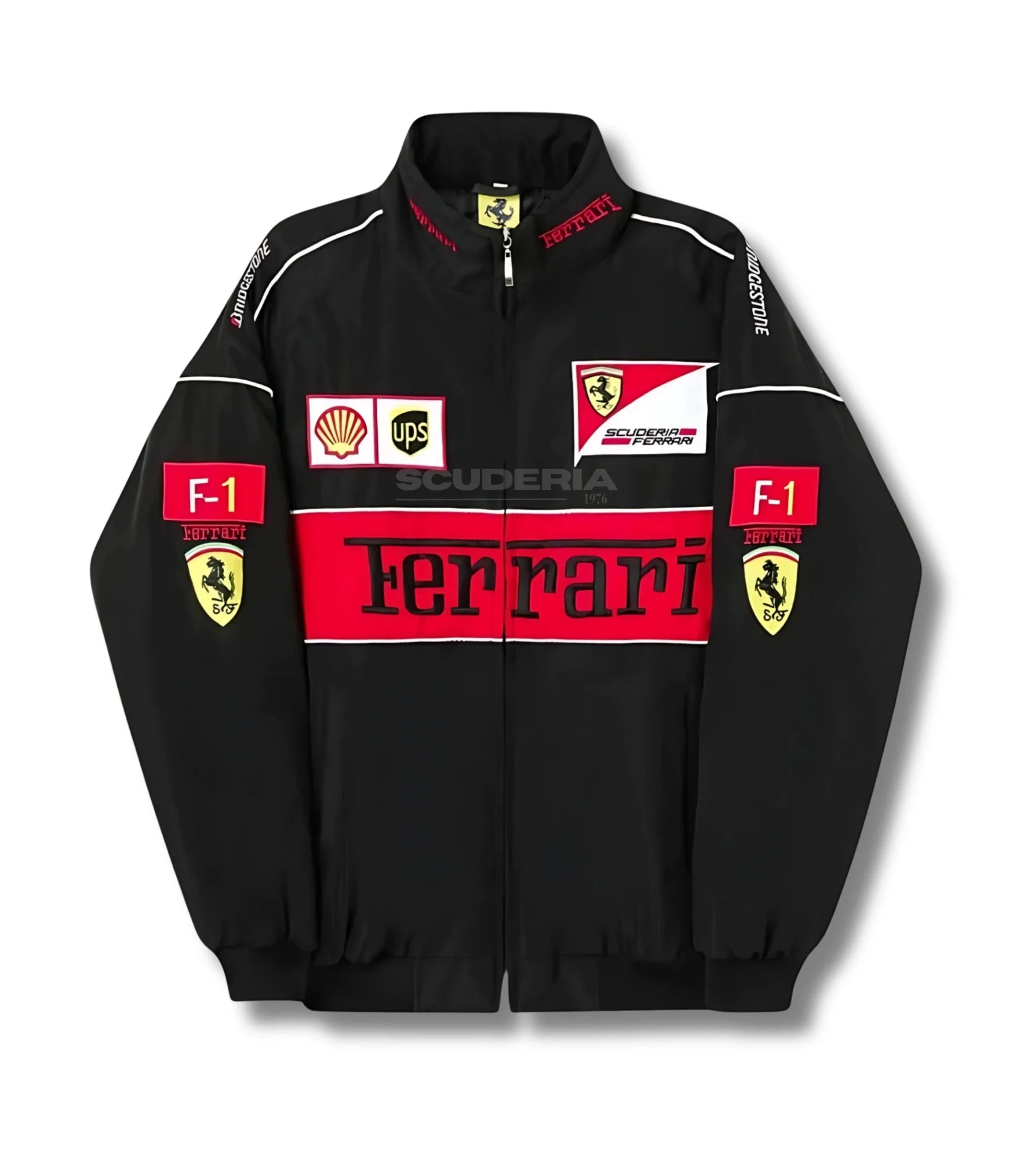 Ferrari F1 Vintage Racing Jacket Black Edition embroidered Ferrari logo detail vintage racing jacket