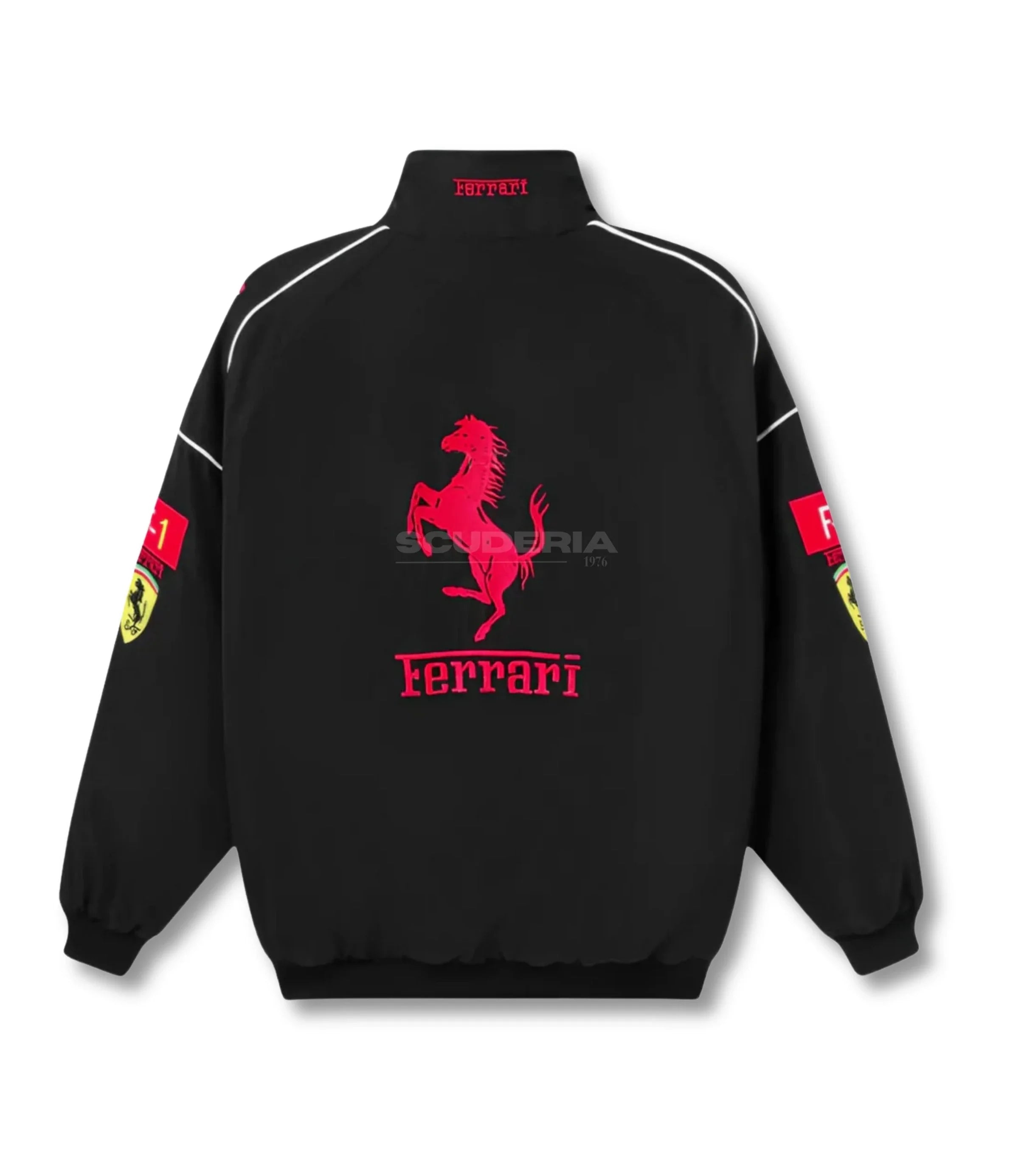 Ferrari F1 Vintage Racing Jacket Black Edition embroidered Ferrari logo detail vintage racing jacket