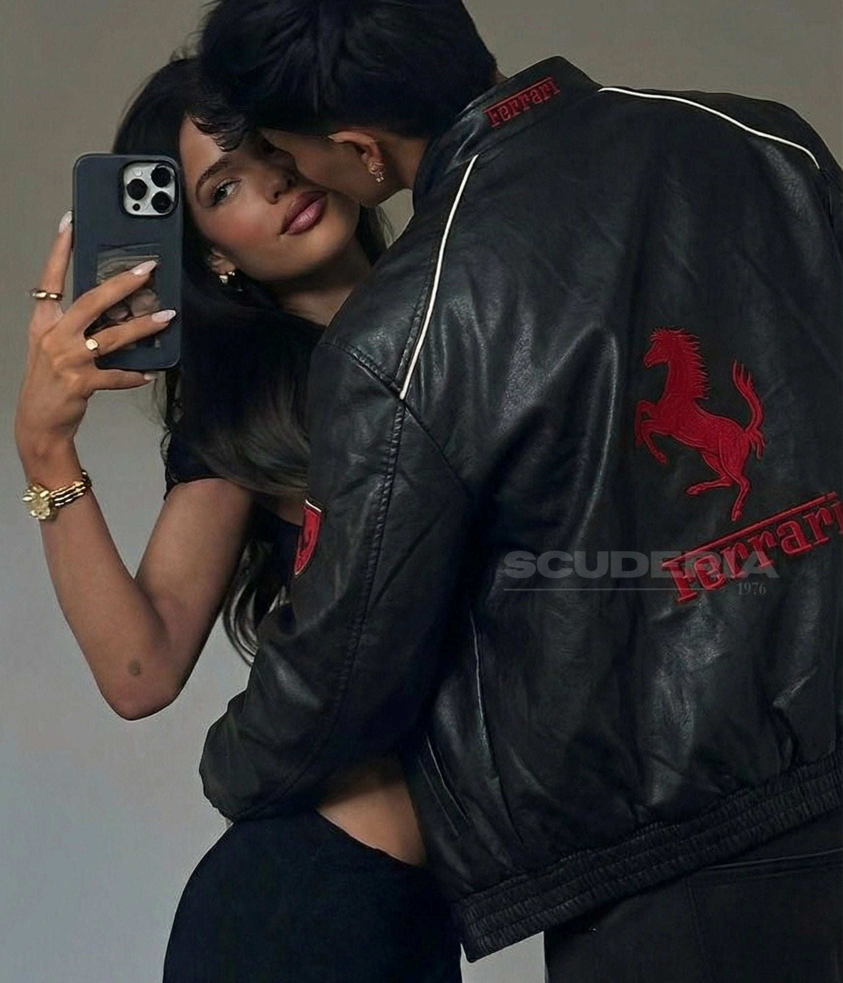 Ferrari F1 Vintage white black leather jacket – back detail red horse embroidery – Scuderia1976