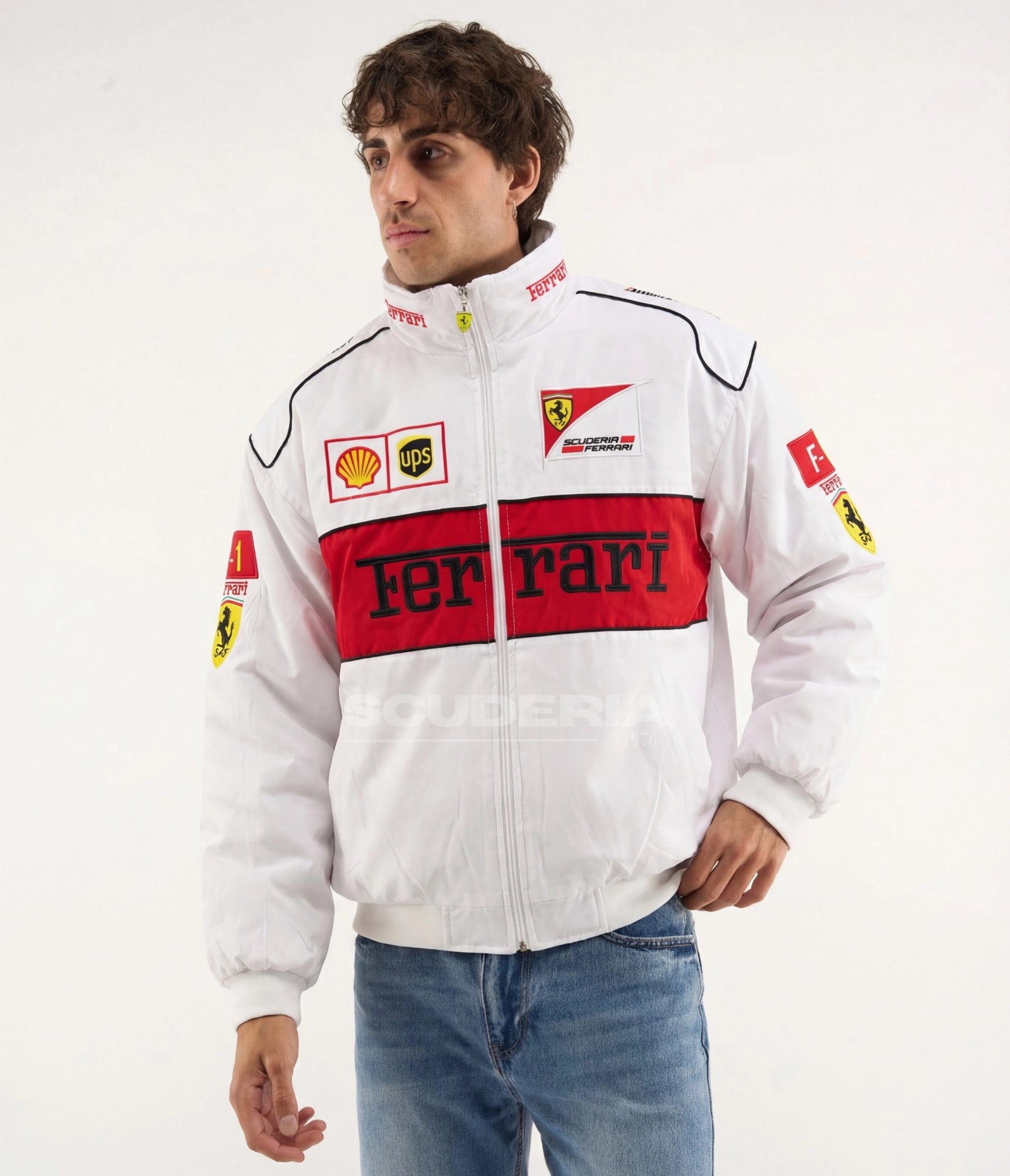 Ferrari F1 Vintage white red embroidered padded bomber jacket – men front view – Scuderia1976