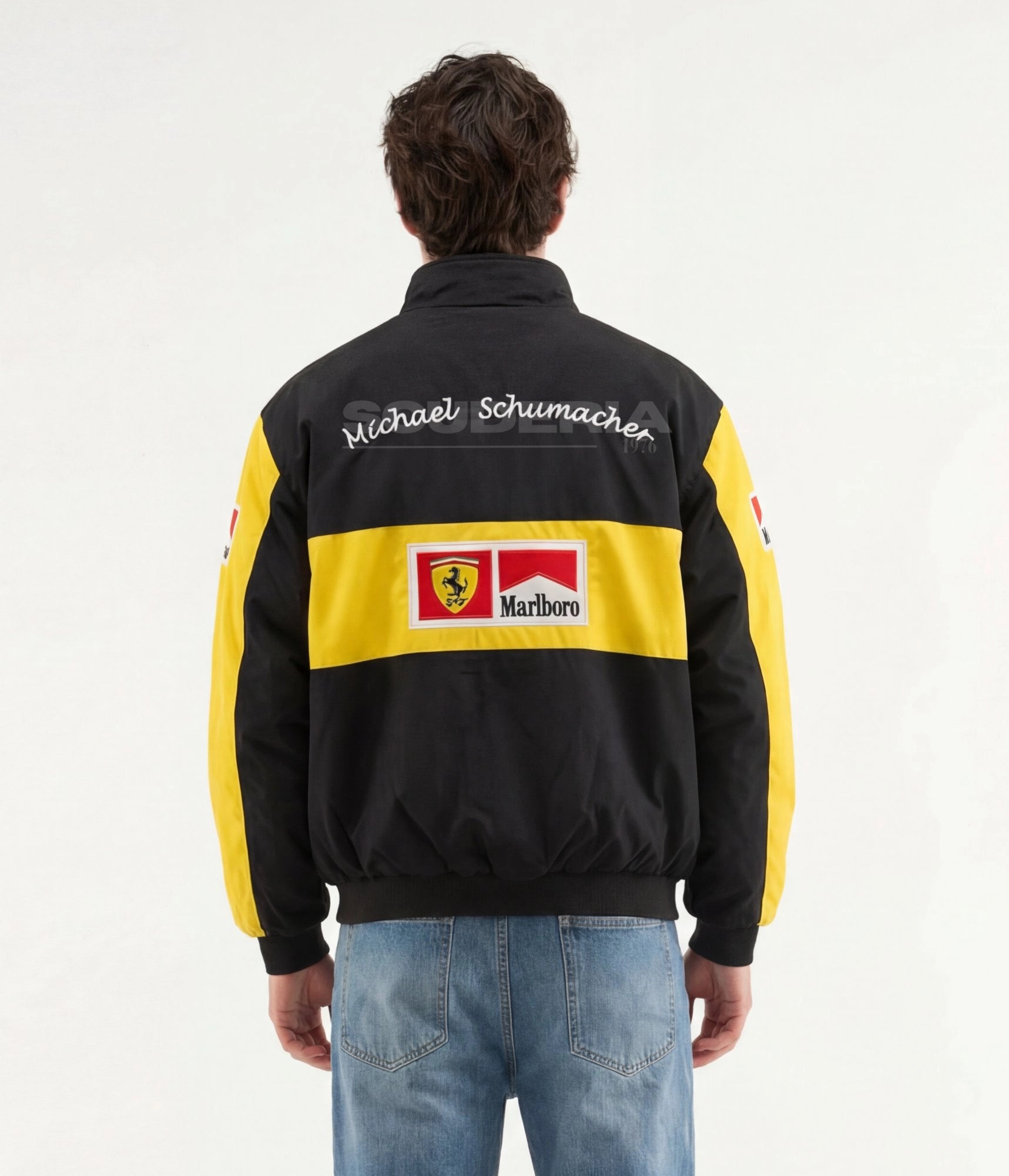 Ferrari Michael Schumacher black yellow embroidered padded bomber jacket – men back view script – Scuderia1976