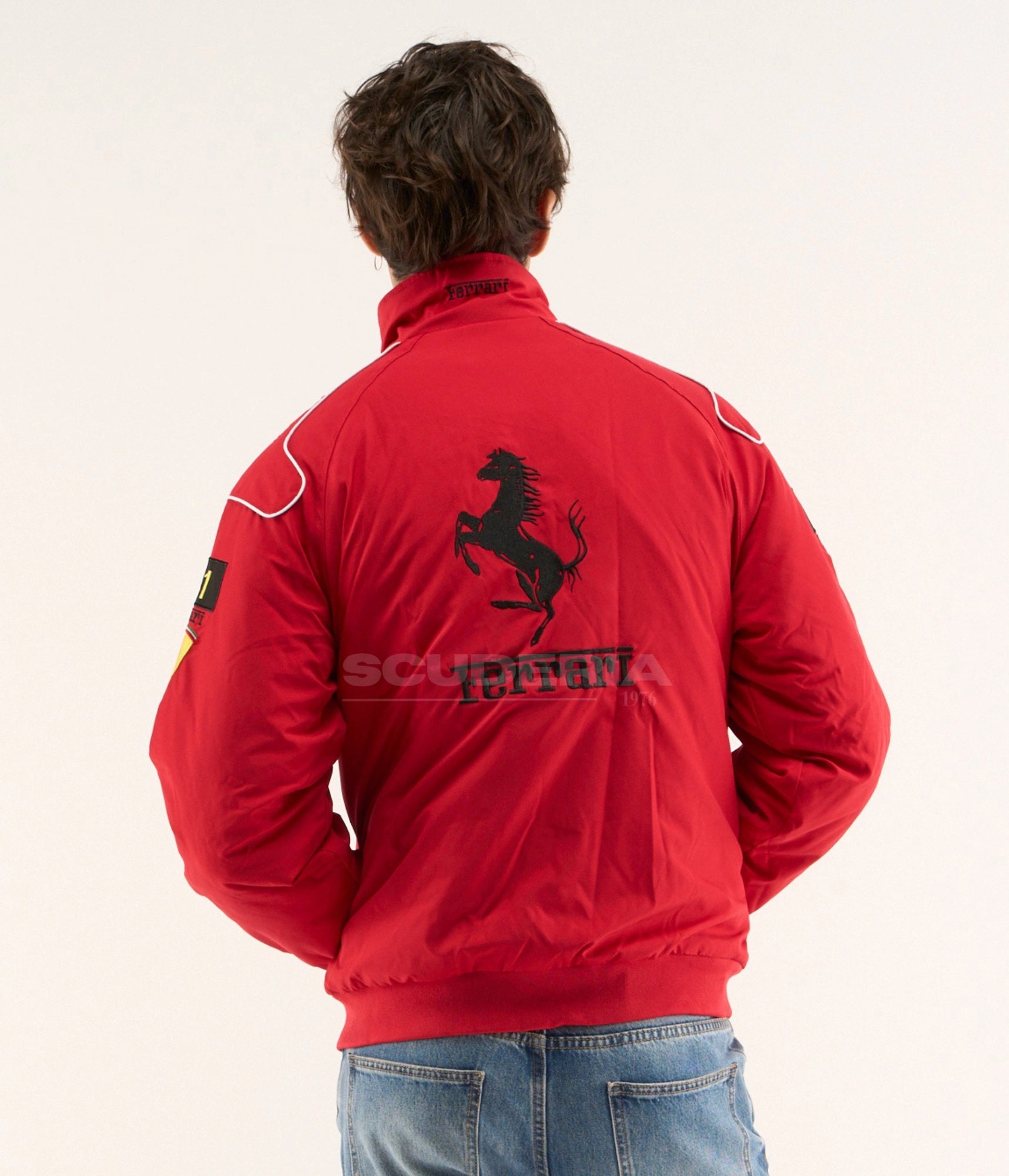 Ferrari red embroidered padded bomber jacket – men back view – Scuderia1976