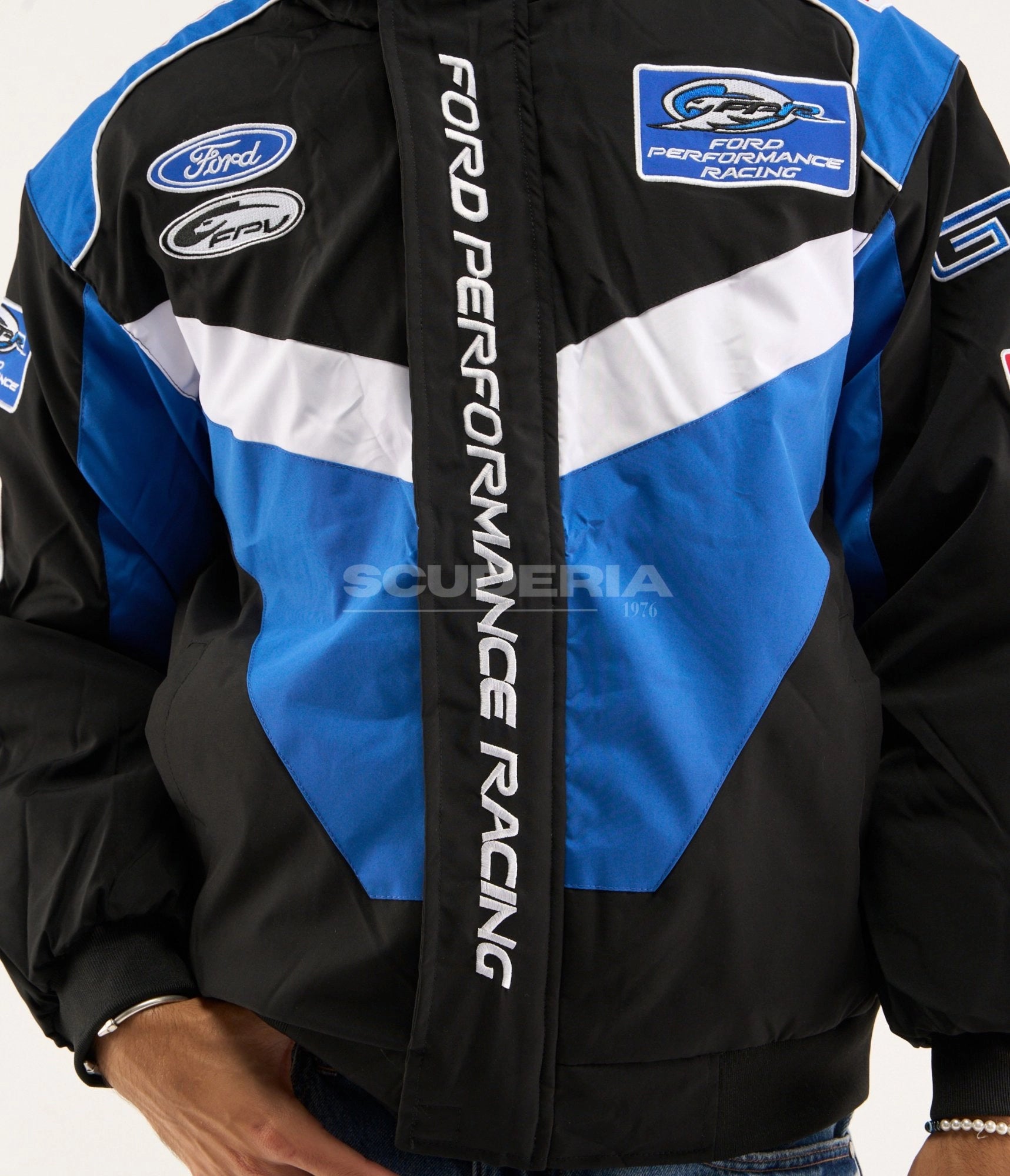 Ford Performance Racing Vintage Jacket Black Blue Front View Men FPV Mustang GT Motorsport Sponsors
