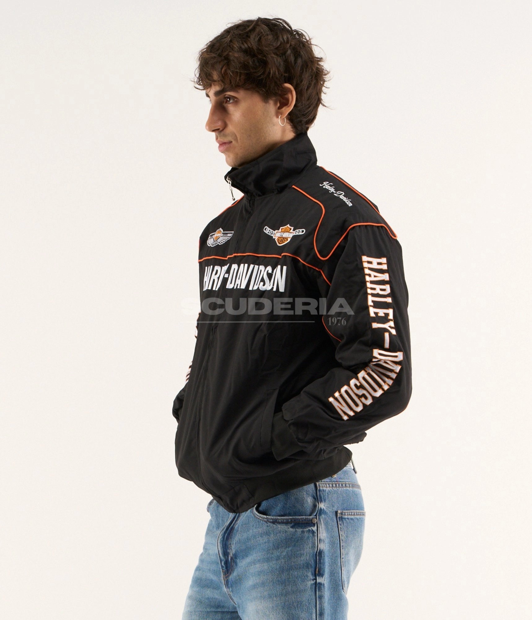 Harley Davidson 100th Anniversary Vintage Racing Jacket Black Orange Side View Men Embroidered Logo