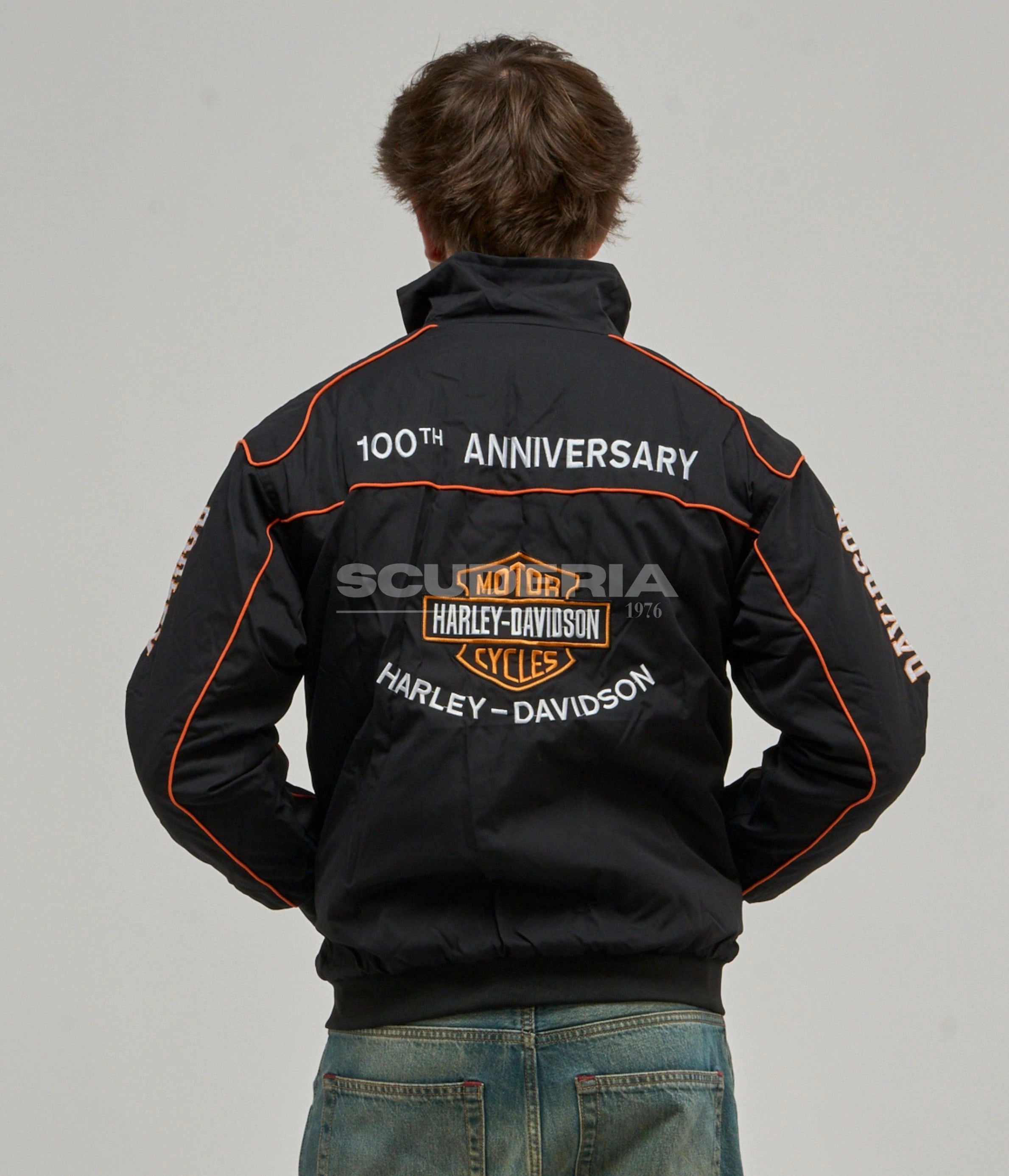Harley Davidson 100th Anniversary Vintage Racing Jacket Black Orange Back View Men Bar Shield Logo