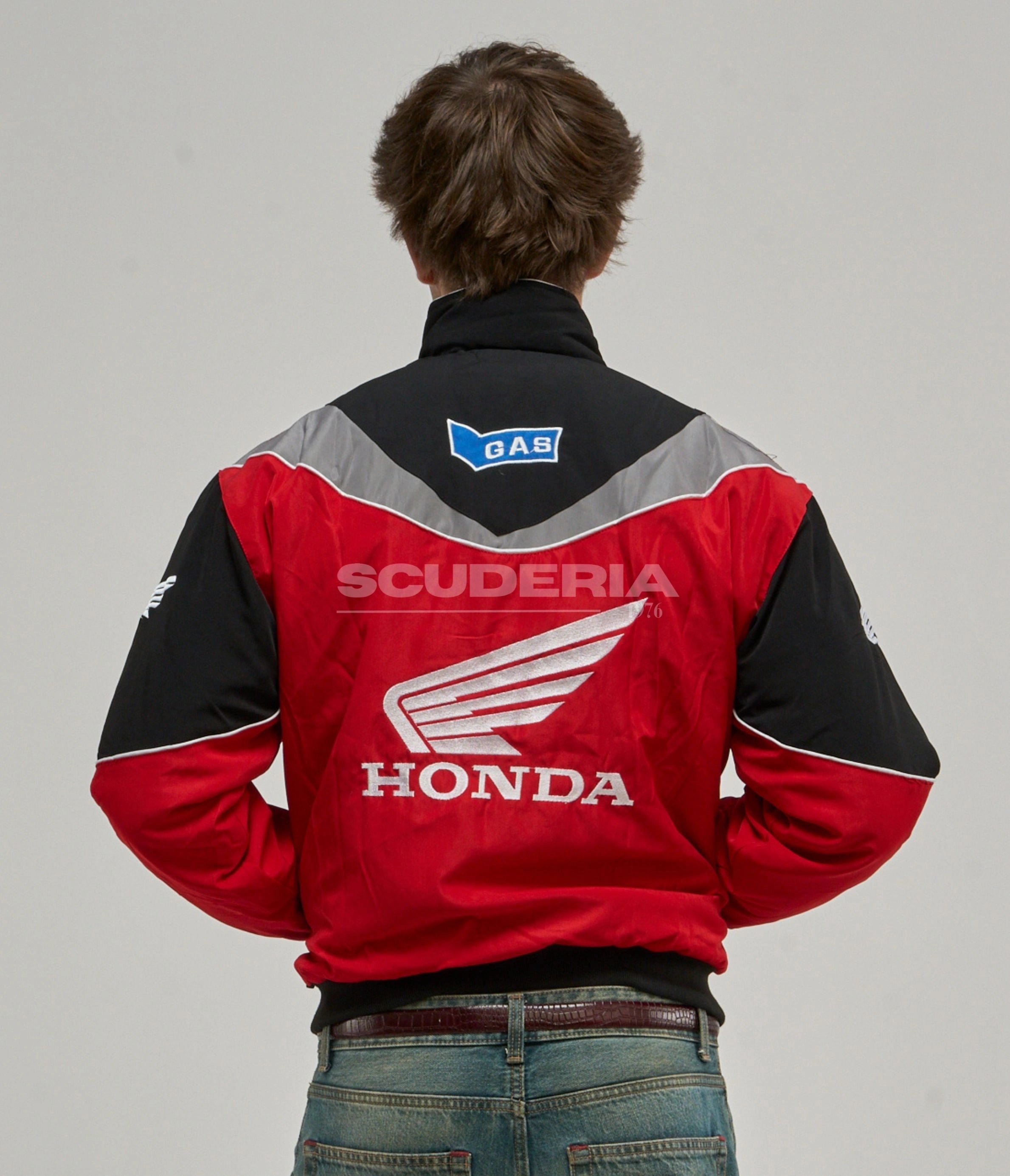 Honda Vintage Racing Jacket Black Red Grey Back Close Up Men Large Wing Logo GAS Patch Embroidered