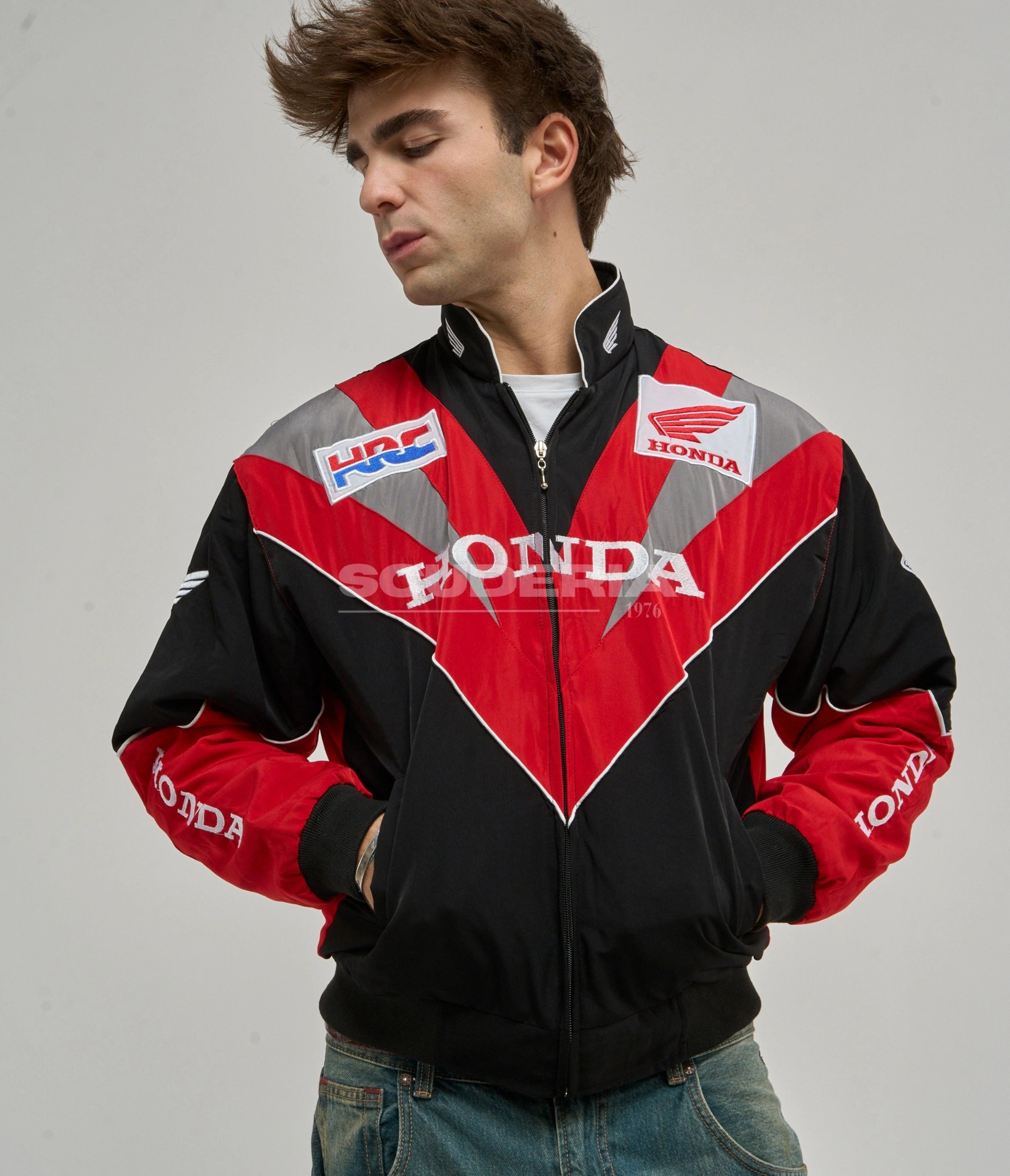 Honda Vintage Racing Jacket Black Red Grey Front View Men Embroidered
