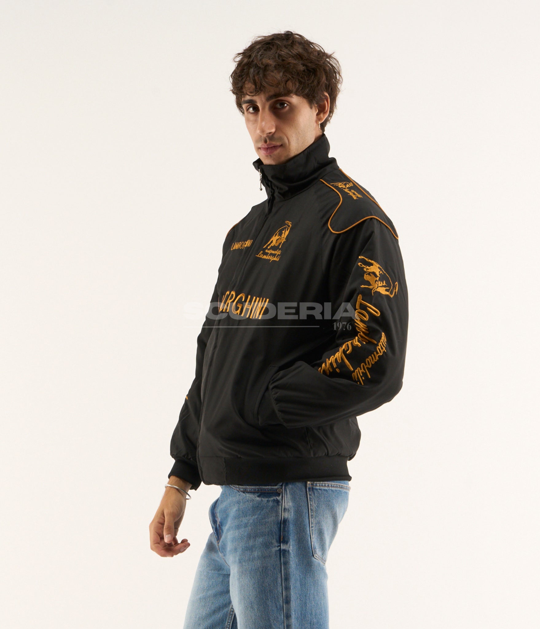 lamborghini vintage racing jacket black gold mens front embroidered logo motorsport style