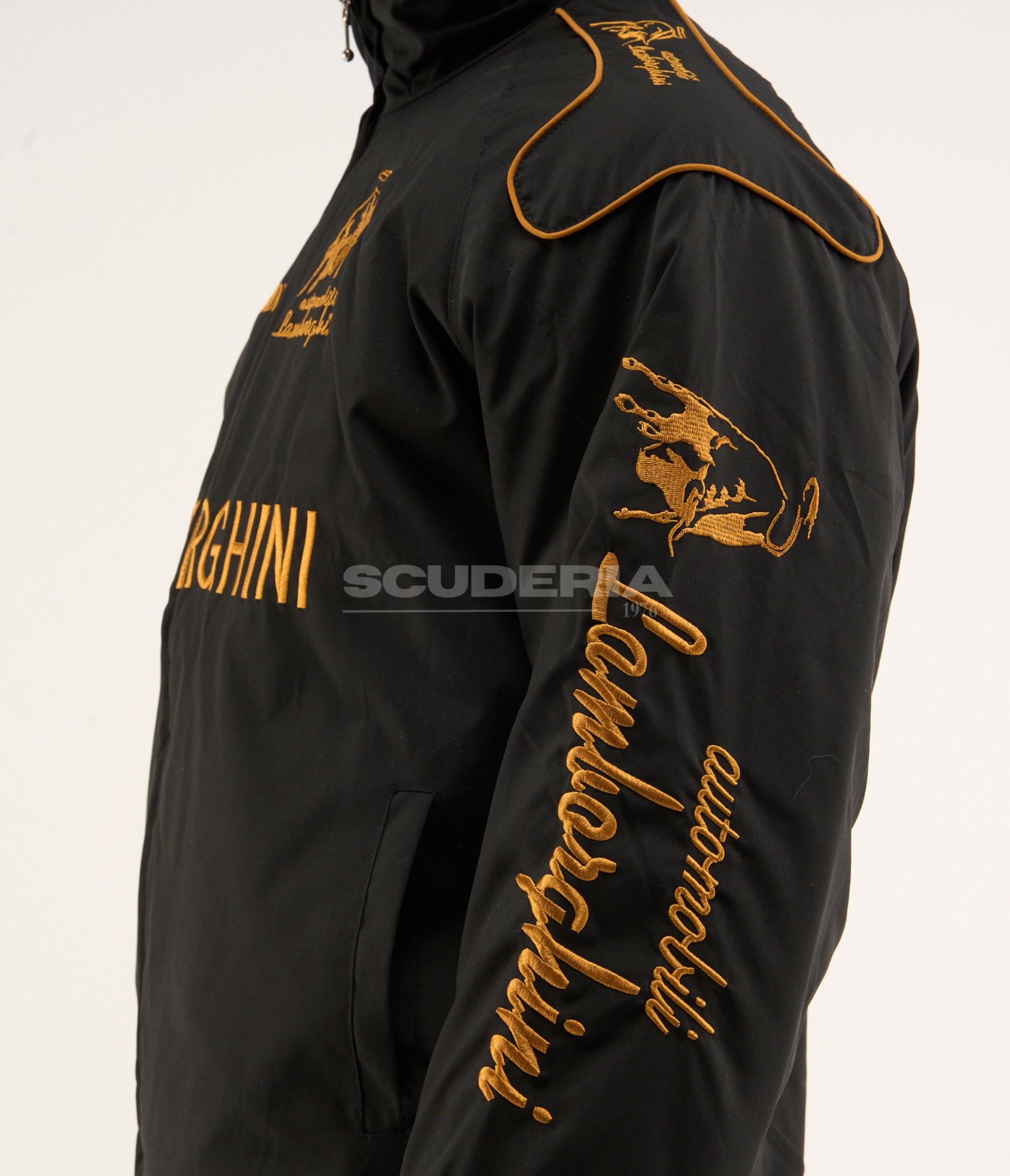 lamborghini vintage racing jacket black gold sleeve bull logo embroidered detail