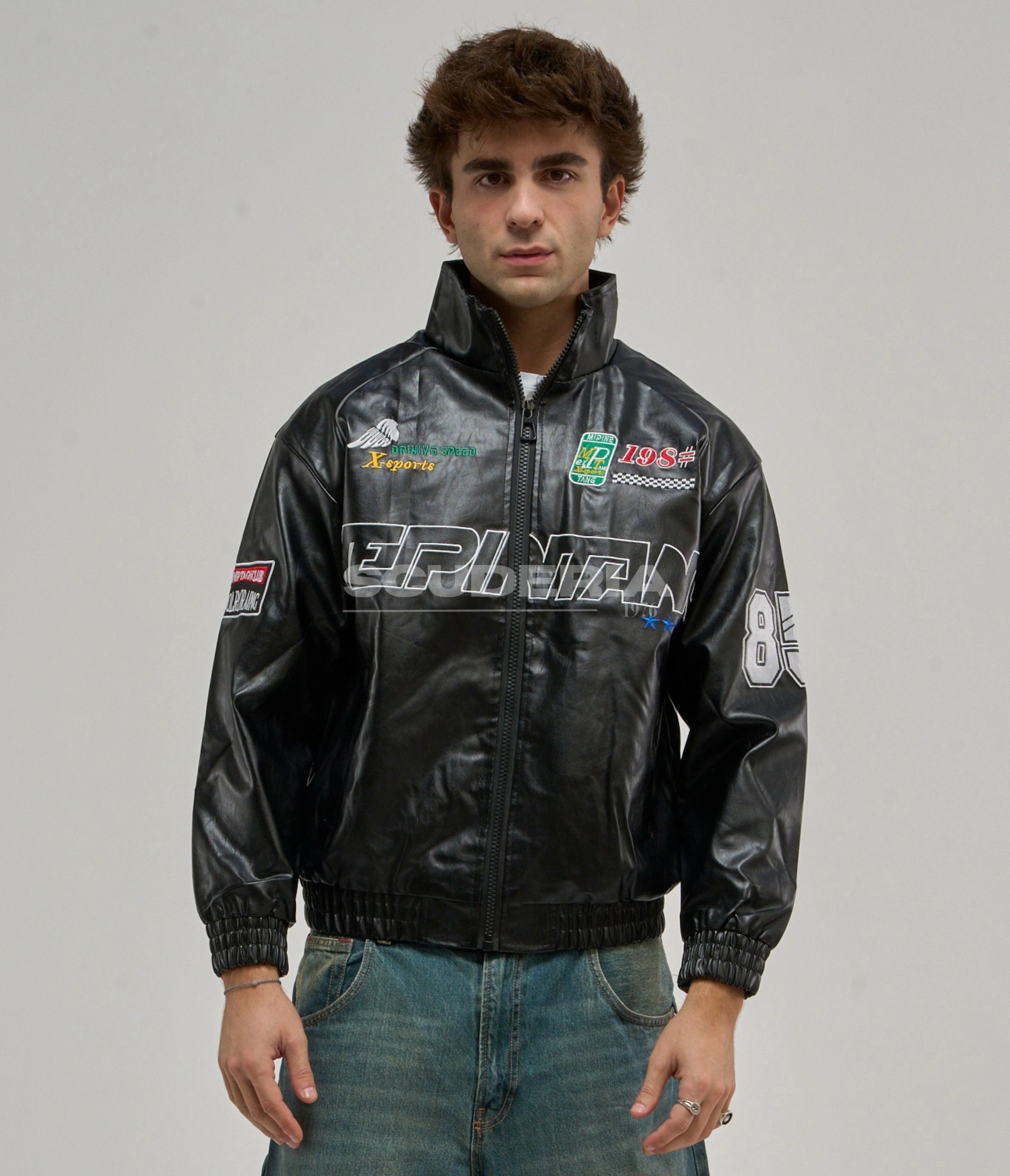 LAP 85 Vintage Racing Leather Jacket Black Front View Men X-Sports 198 Driving Speed Embroidered Unisex