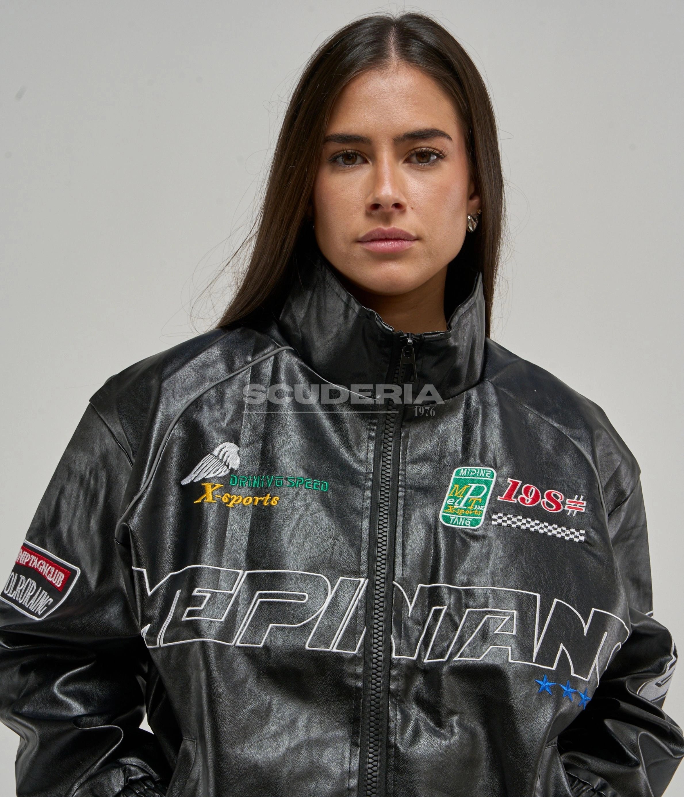 LAP 85 Vintage Racing Leather Jacket Black Front Detail Women X-Sports Driving Speed Wing Embroidered