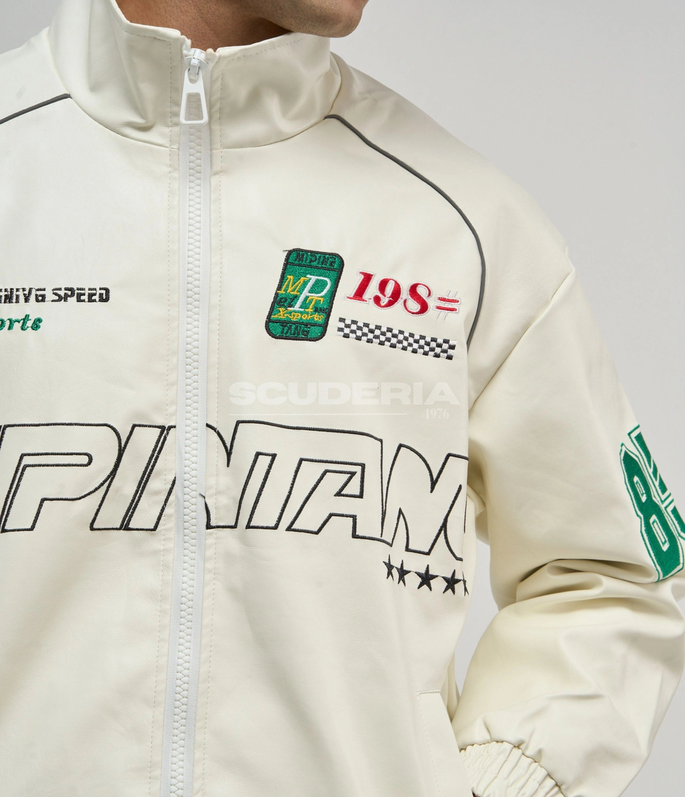 LAP 85 Vintage Racing Jacket Cream White Front Detail Men X-Sports Driving Speed Volroraing Patches
