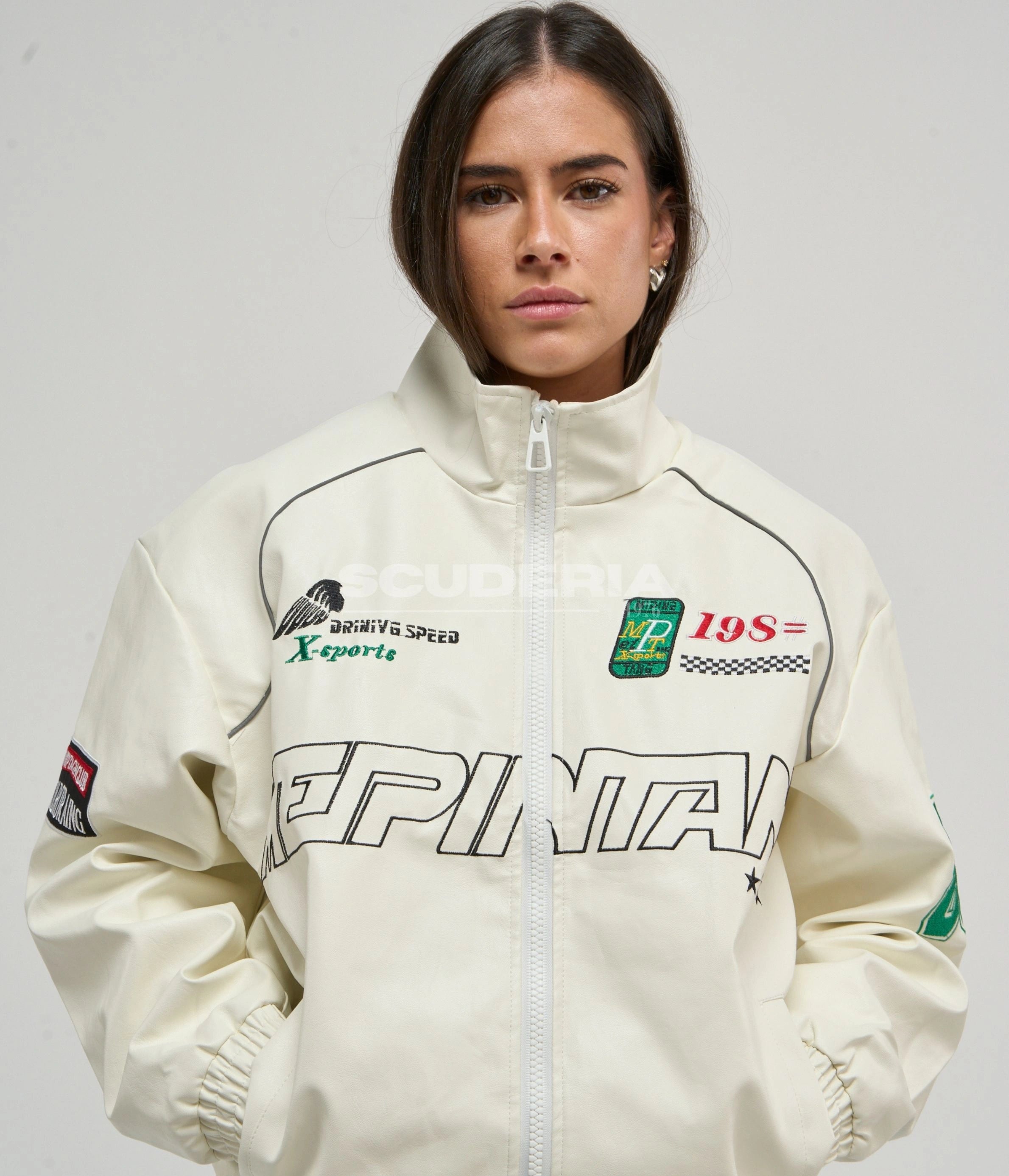 LAP 85 Vintage Racing Jacket Cream White Front View Women X-Sports Driving Speed Motorsport Unisex