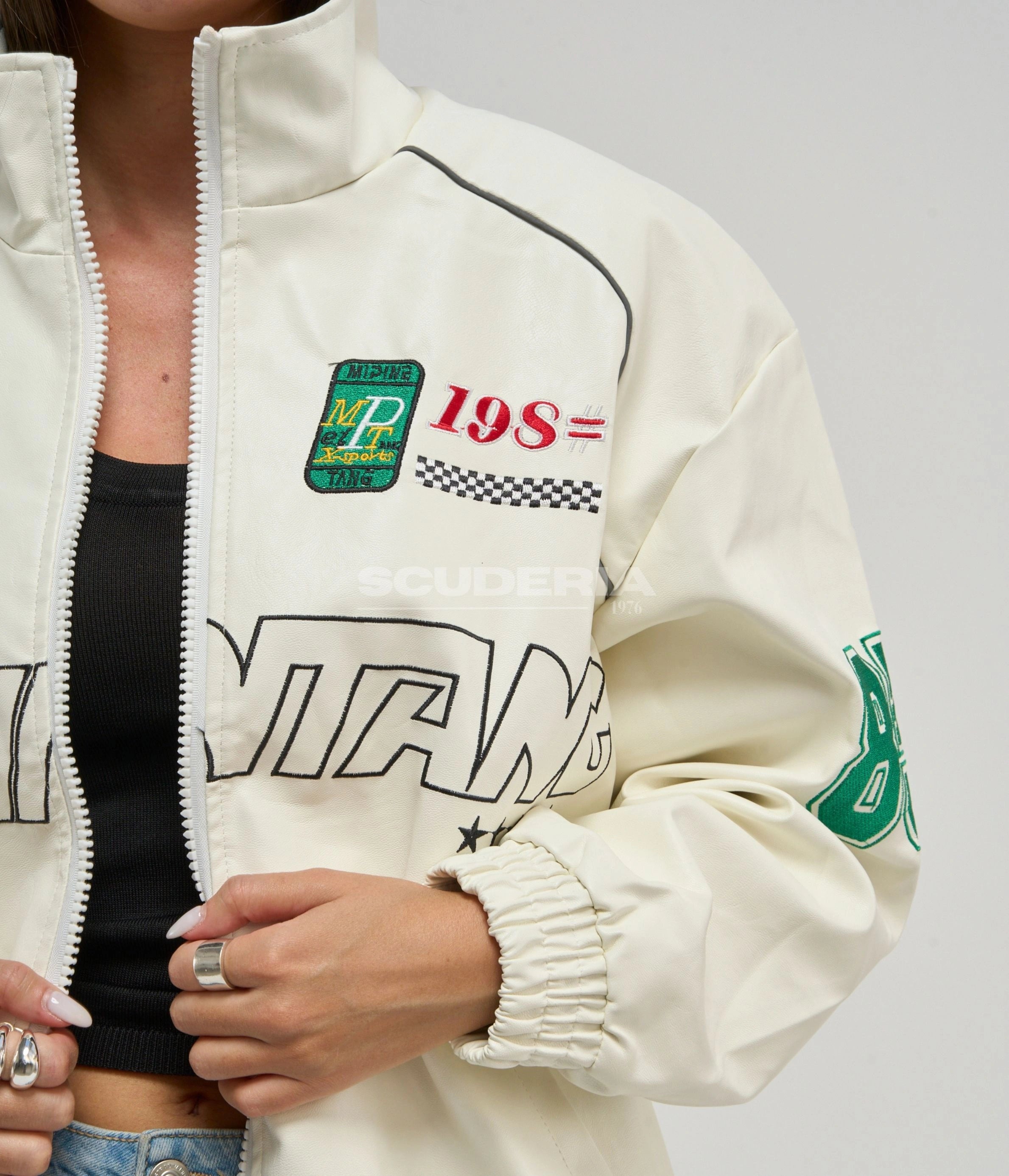 LAP 85 Vintage Racing Jacket Cream White Front Detail Women X-Sports Driving Speed Volroraing Patches