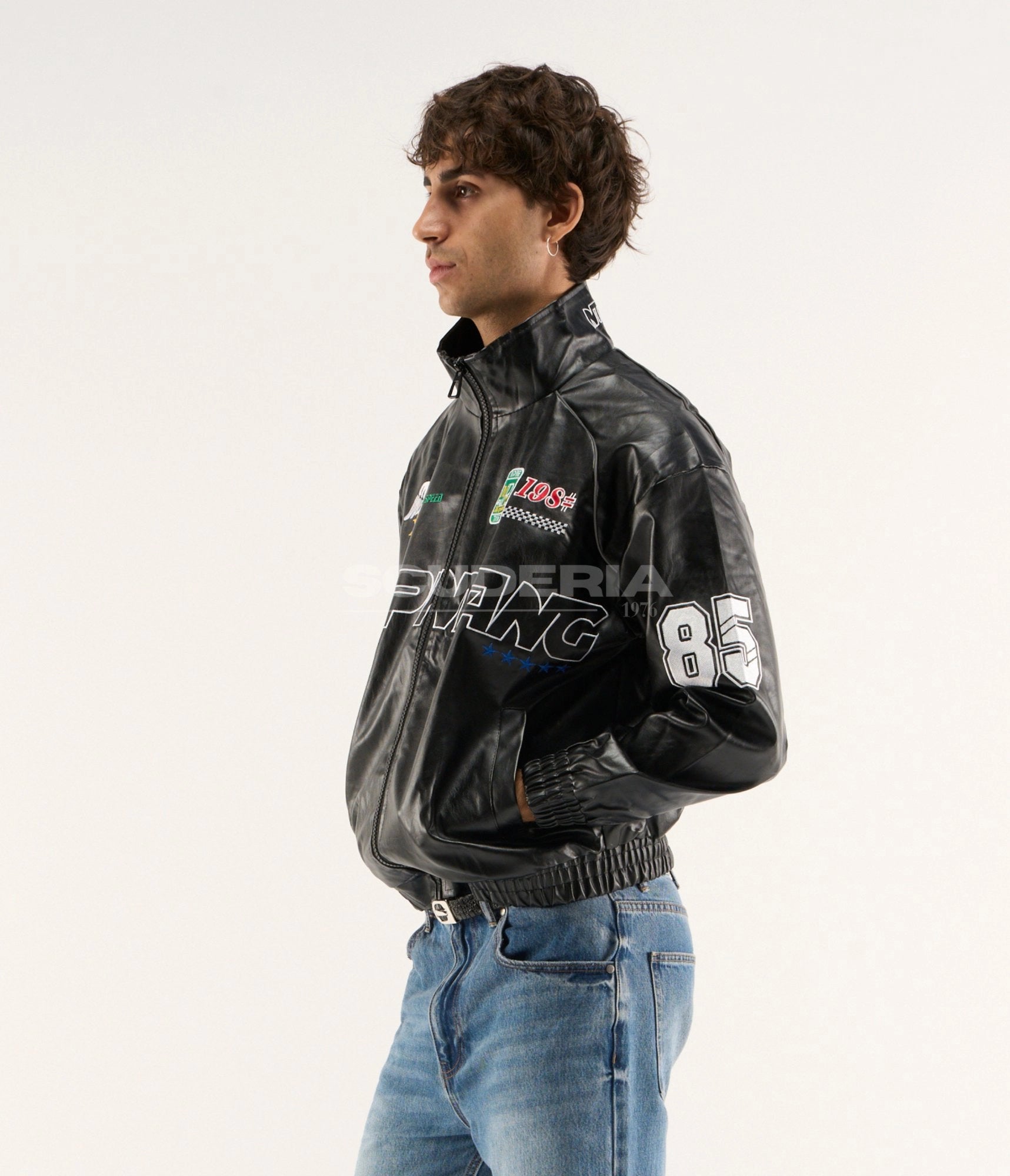 LAP 85 Vintage Racing Leather Jacket Black Side View Men X-Sports 198 Driving Speed Patches