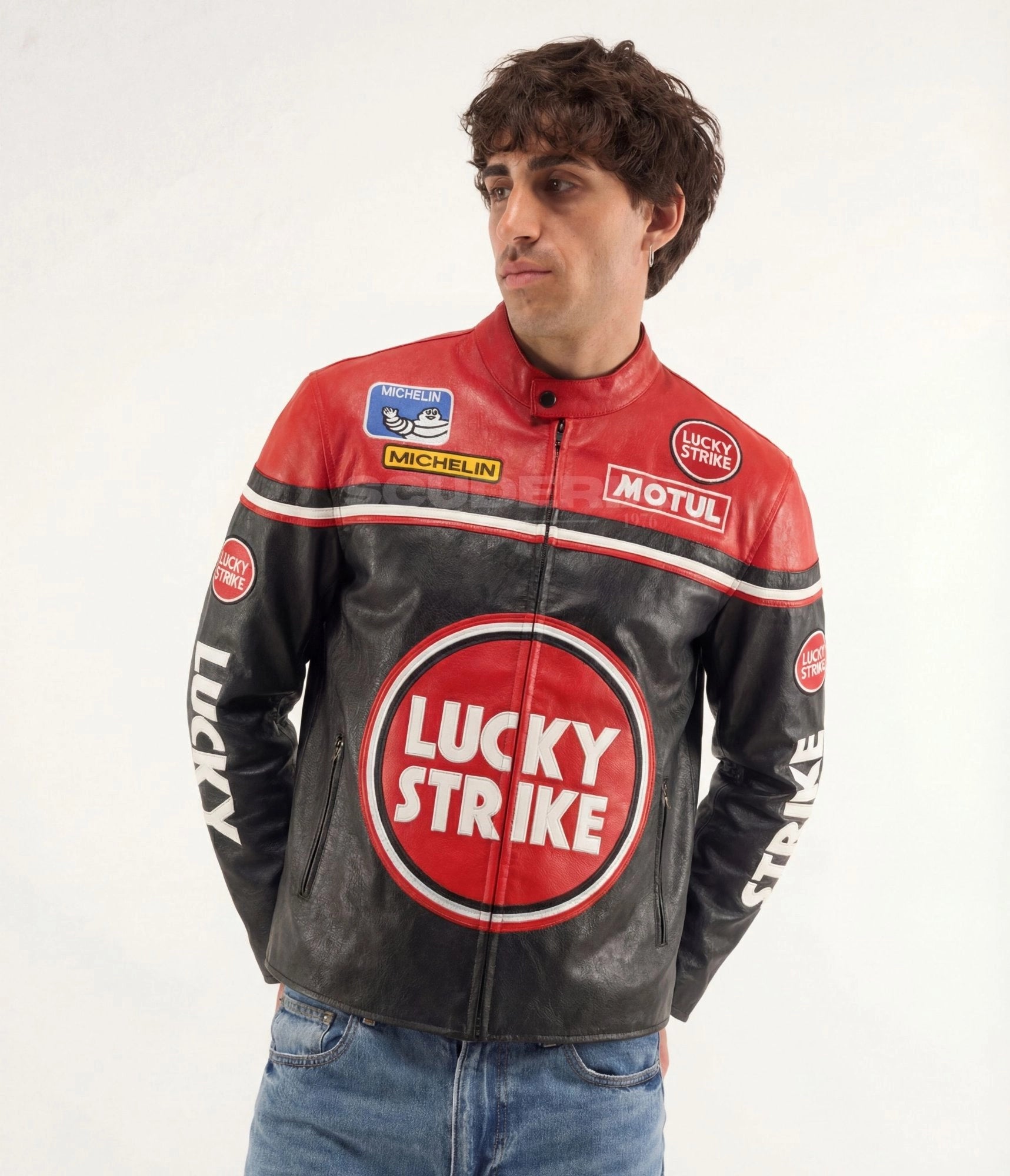 Lucky Strike Leather Jacket Red Edition front view men – vintage moto leather jacket with Lucky Strike red circle logo, Michelin, Motul and Lucky Strike patches, red and black color block, Lucky Strike sleeve lettering