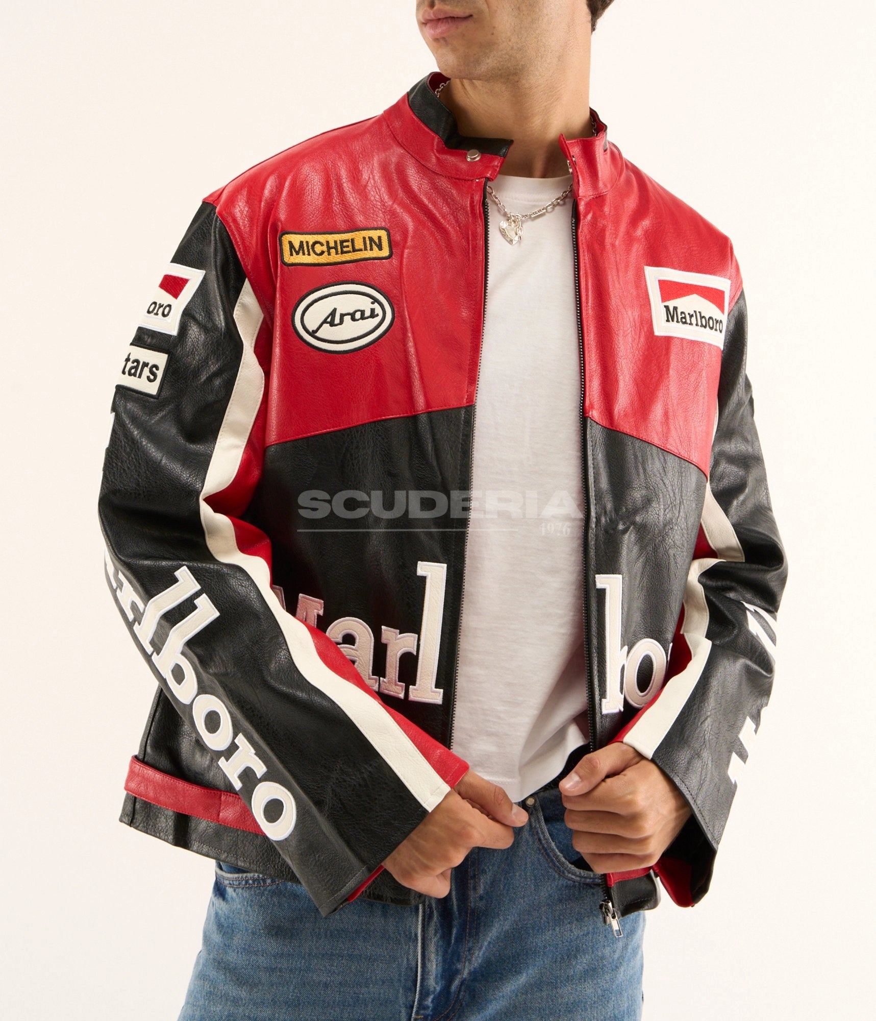 Marlboro Racing Leather Jacket Black Red Open Front Men Michelin Arai Patches