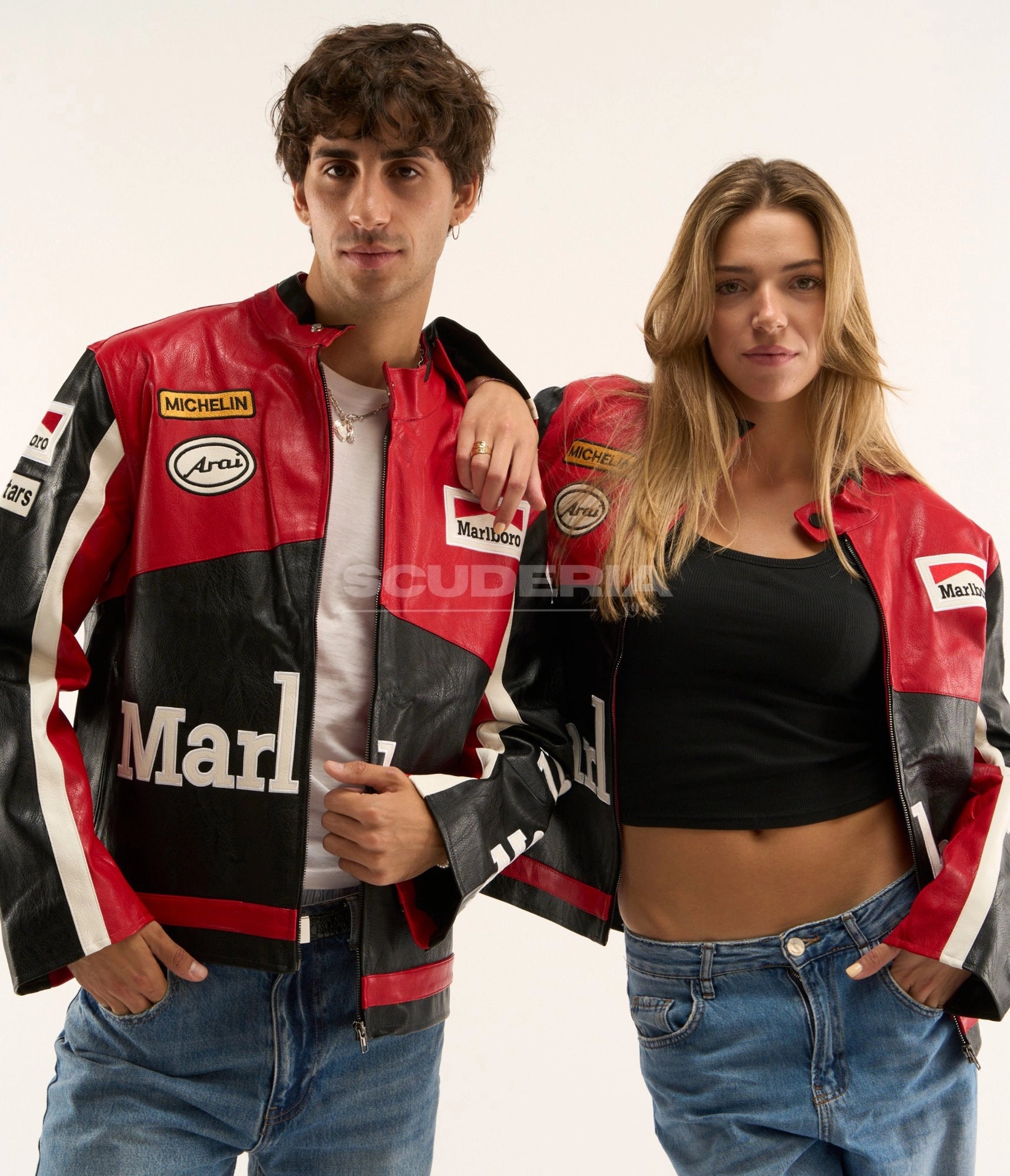Marlboro Racing Leather Jacket Black Red Unisex Men Women