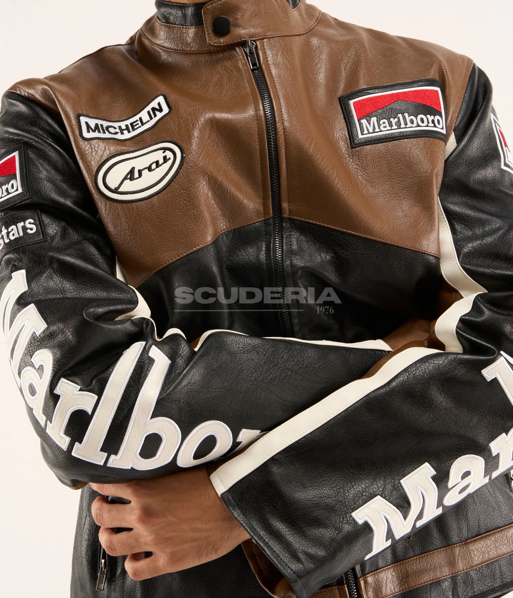 Marlboro Racing Leather Jacket Brown Black Michelin Arai Embroidered Patches Close Up