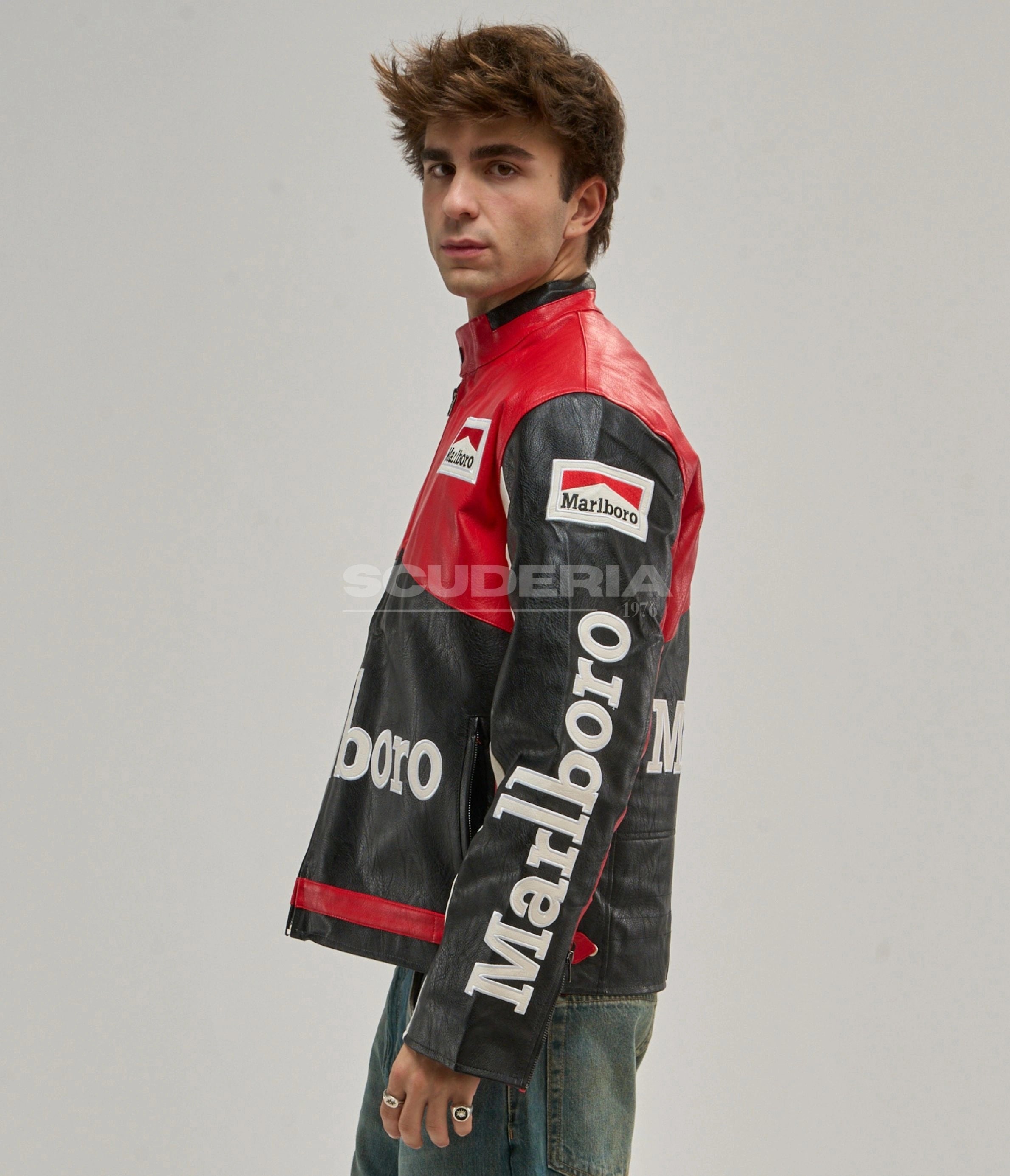 Marlboro Racing Leather Jacket Black Red Side View Men