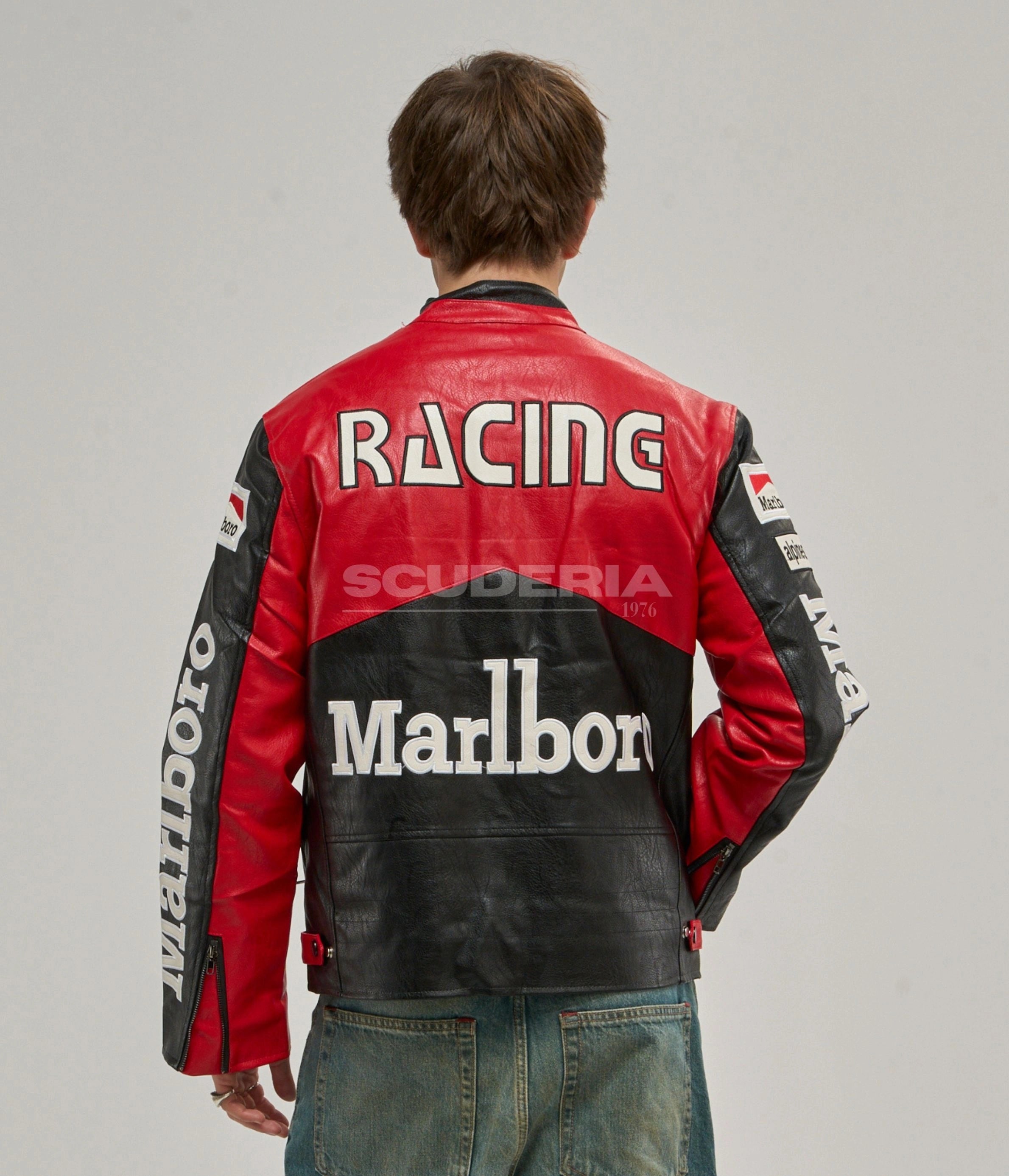 Marlboro Racing Leather Jacket Black Red Unisex Men Women