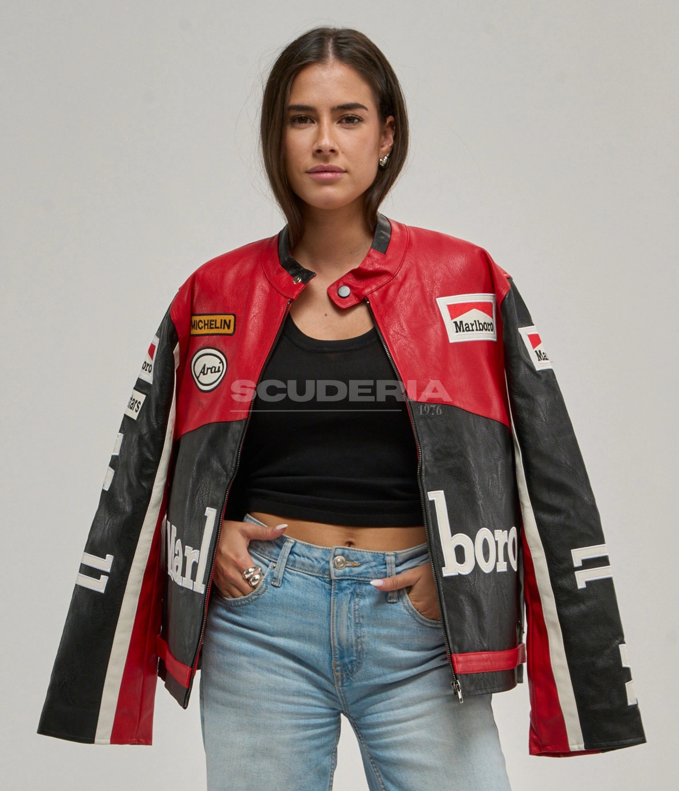 Marlboro Racing Leather Jacket Black Red Women Patches Detail