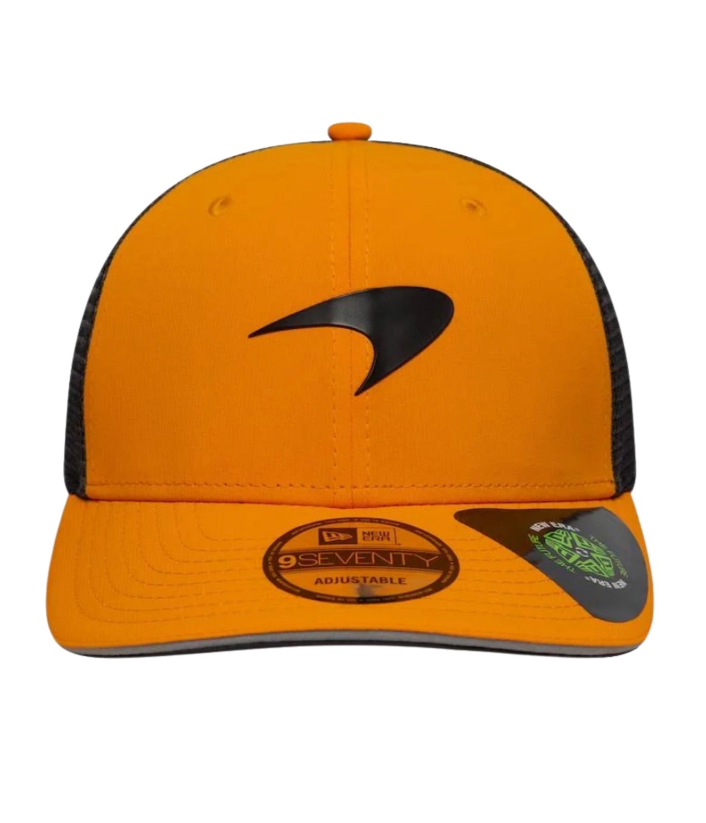 Front of the McLaren F1 papaya trucker cap with the oversized black Speedmark