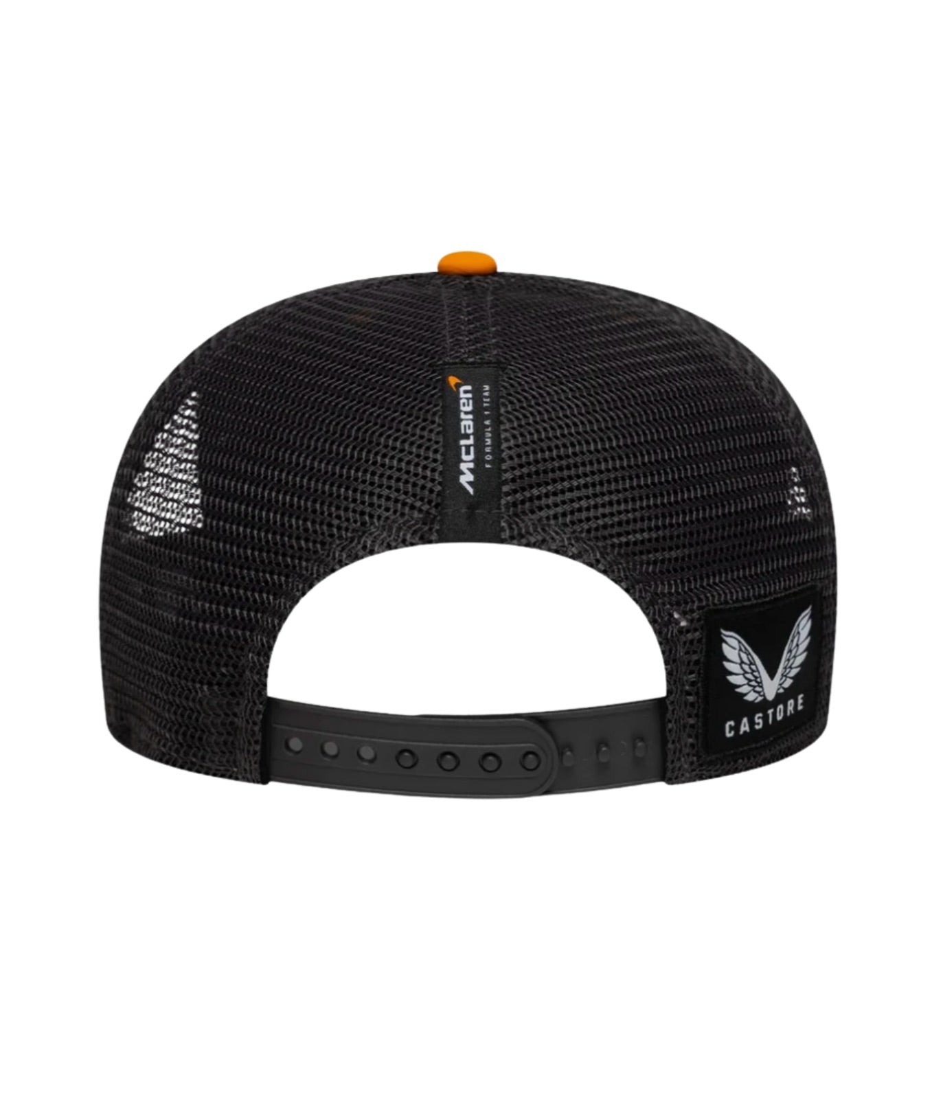 Rear of the McLaren F1 papaya trucker cap showing black mesh, team tab and snapback