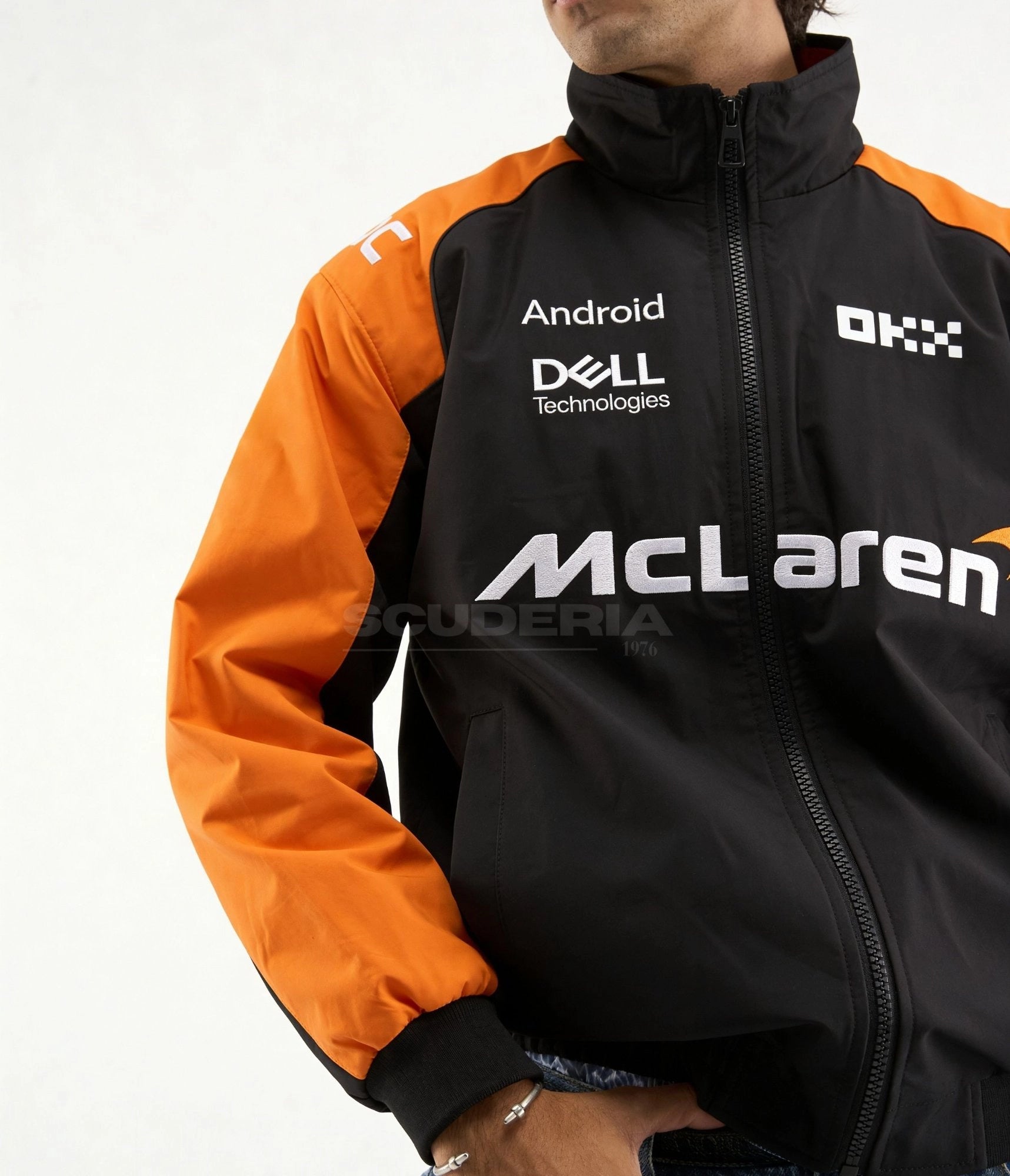 McLaren F1 Team Jacket black and orange front detail men – vintage racing jacket with Android, Dell Technologies, OKX sponsors and embroidered McLaren logo on chest