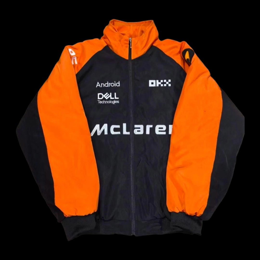 McLaren F1 Team Jacket black and orange front view flat lay – vintage racing bomber jacket with Android, Dell Technologies, OKX sponsors and embroidered McLaren logo on chest, black background