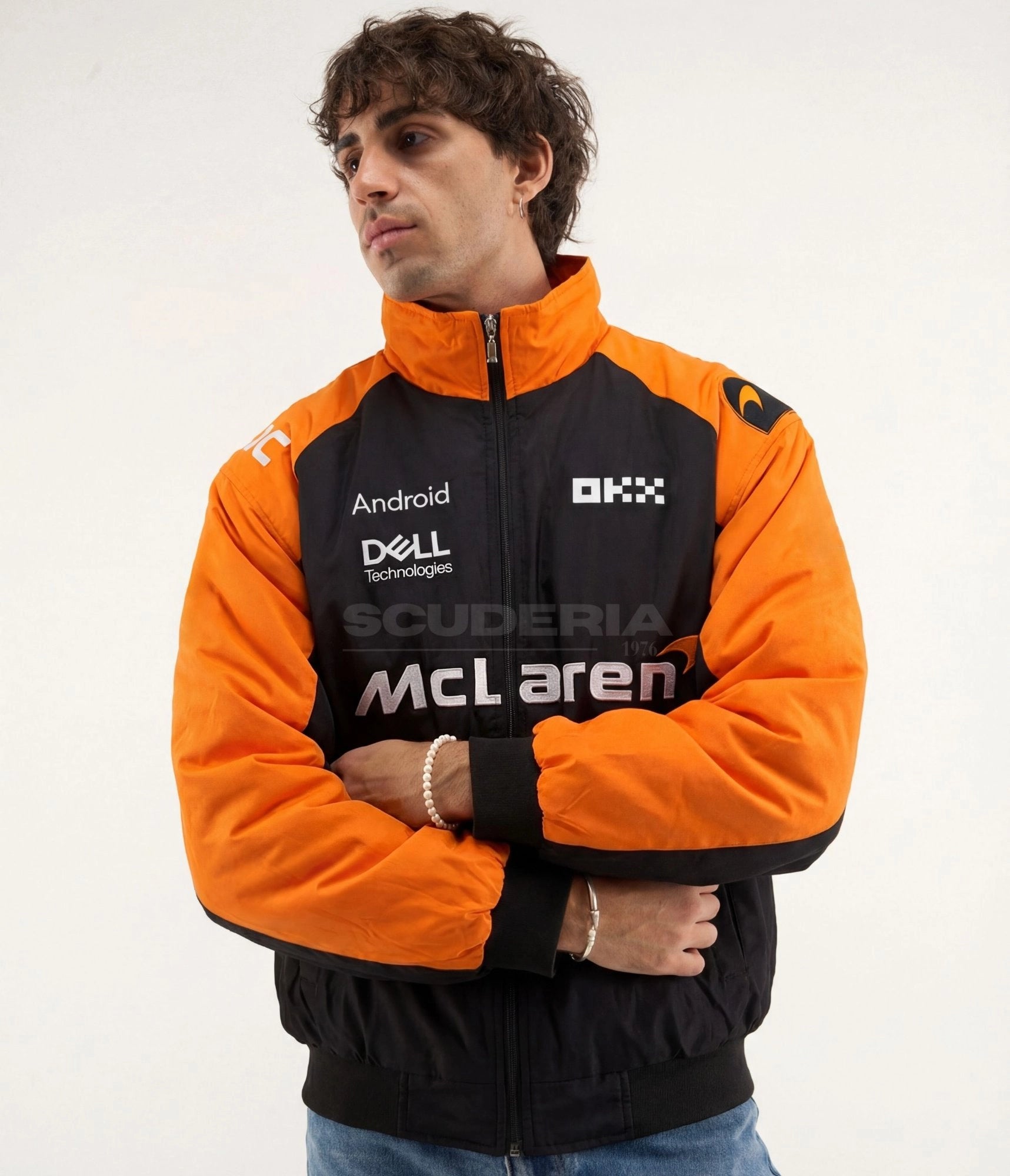 McLaren F1 Team Jacket black and orange front view men – vintage racing bomber jacket with Android, Dell Technologies, OKX sponsors and embroidered McLaren logo