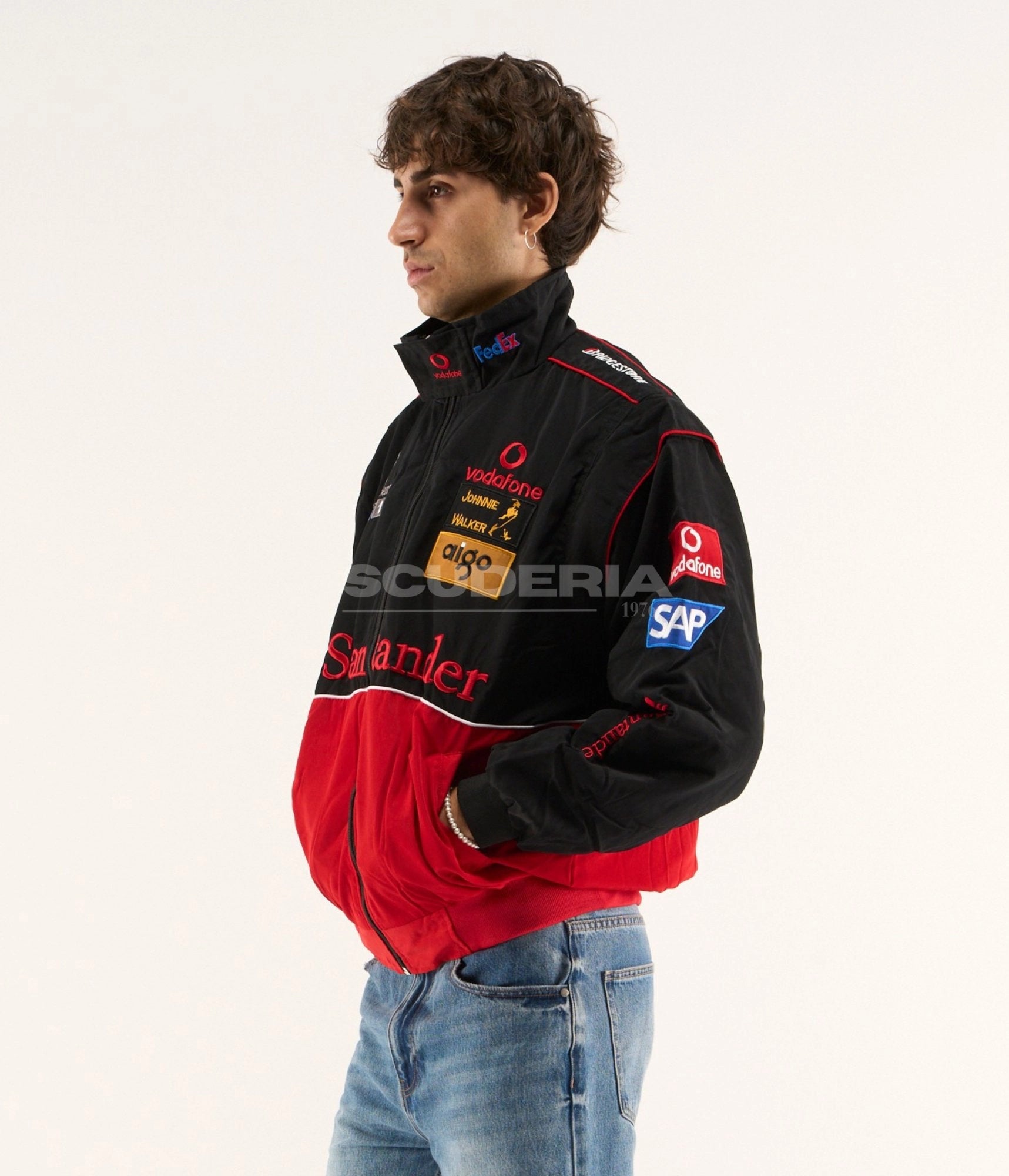 McLaren Mercedes-Benz F1 Vintage Racing Jacket Black Red Side View Men Vodafone SAP Bridgestone FedEx