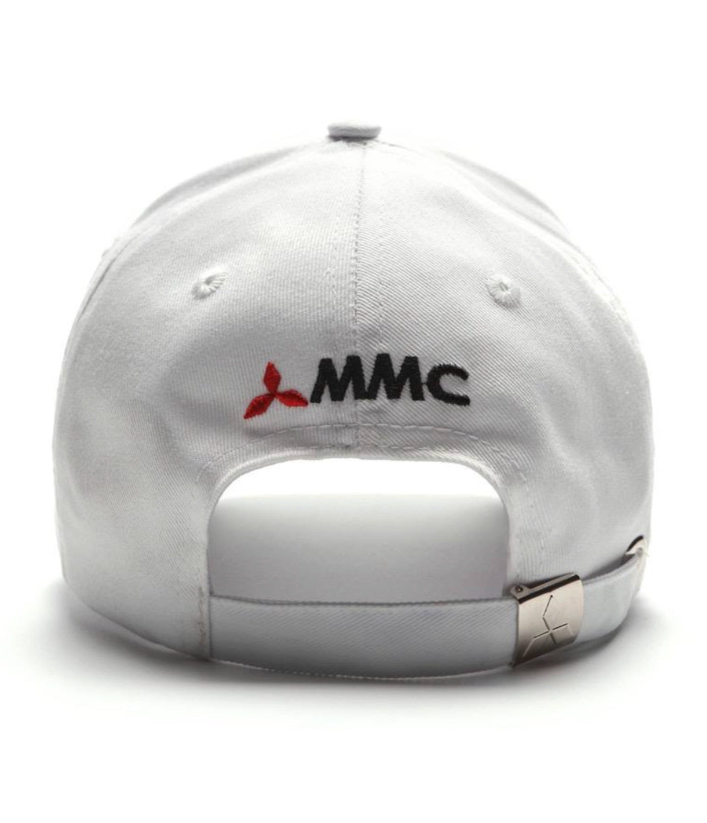 Rear of the white Mitsubishi Motors cap with MMC embroidery and metal clasp strap